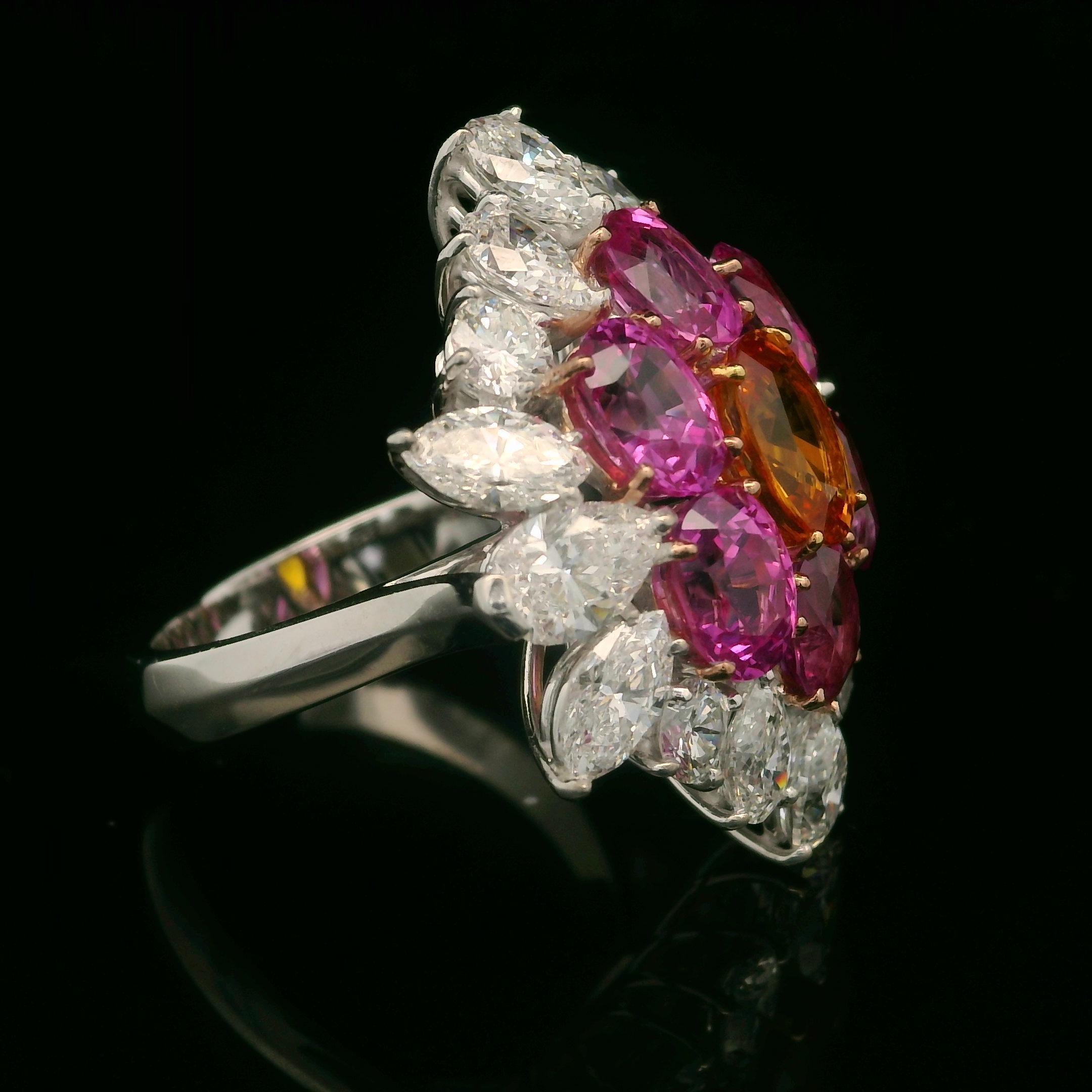 Grande bague plateau en or platine avec saphir rose orange de Birmanie 9,15 carats certifié GIA et diamants en vente 6