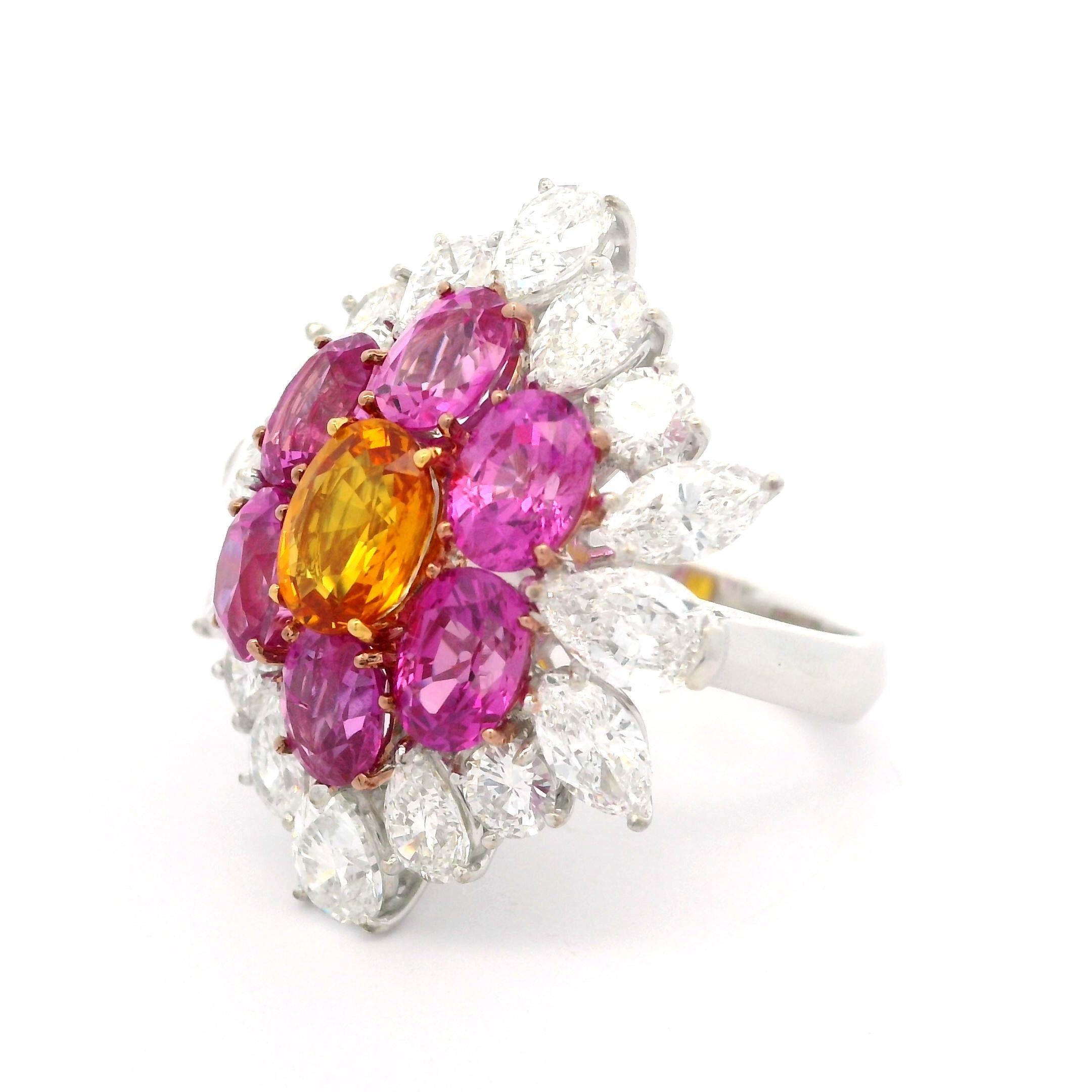 Grande bague plateau en or platine avec saphir rose orange de Birmanie 9,15 carats certifié GIA et diamants en vente 7