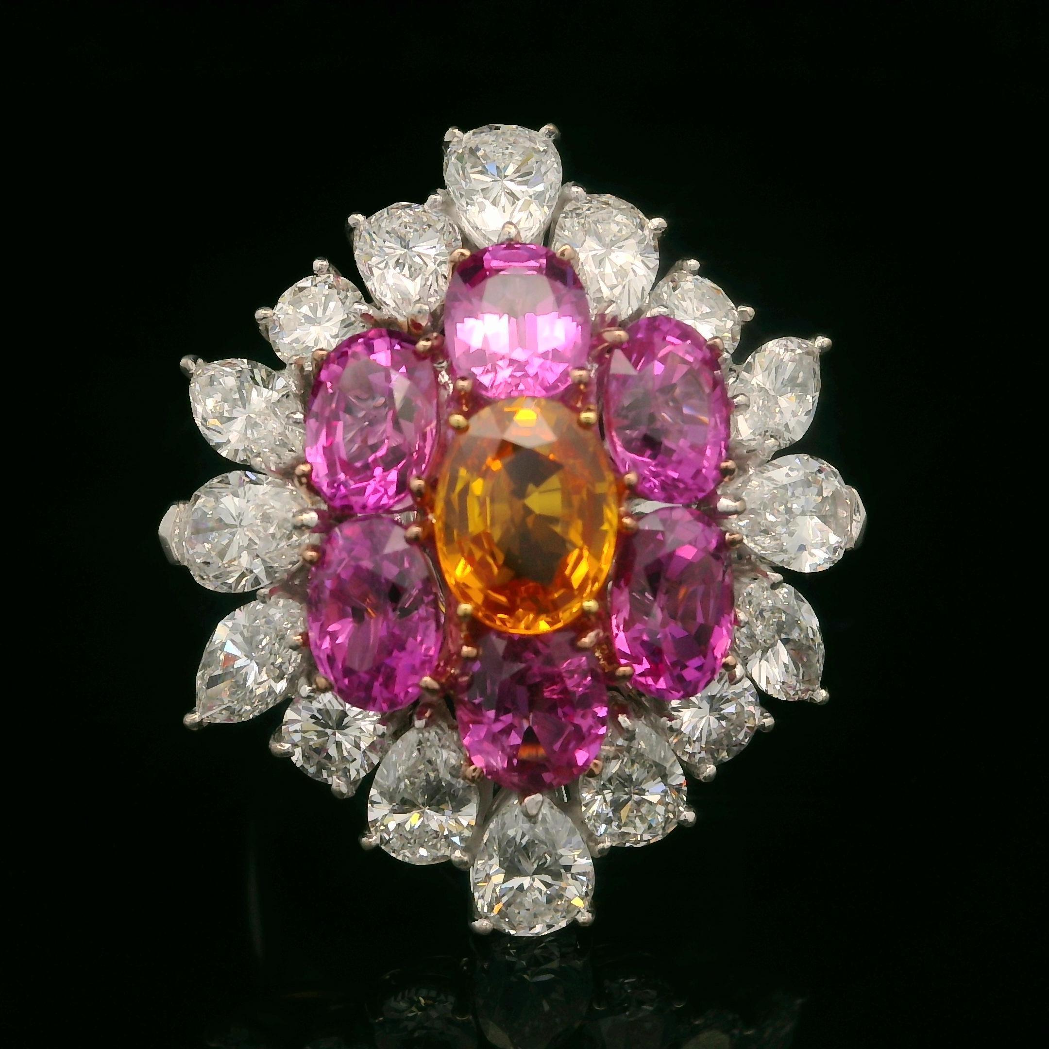 Grande bague plateau en or platine avec saphir rose orange de Birmanie 9,15 carats certifié GIA et diamants en vente 9