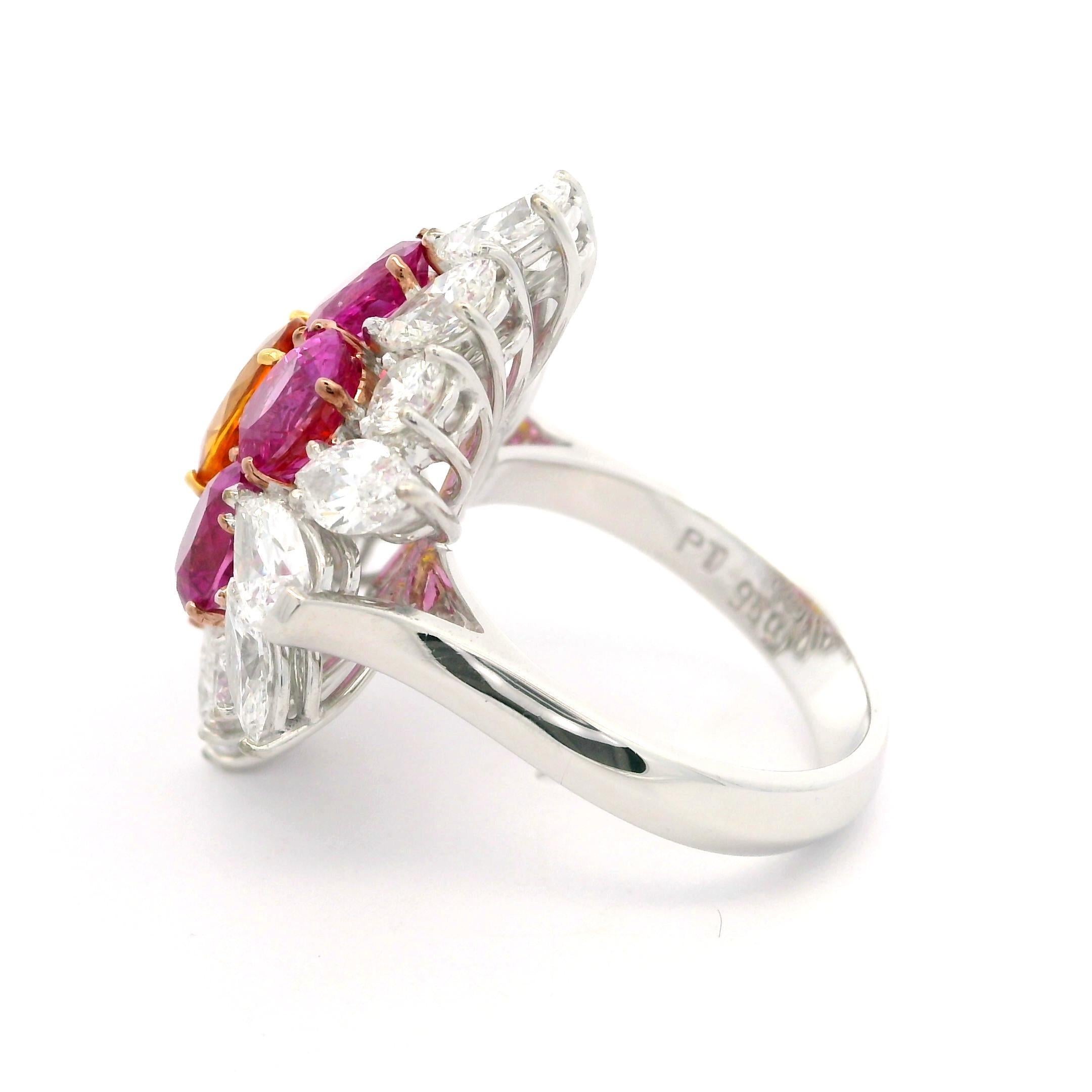 Grande bague plateau en or platine avec saphir rose orange de Birmanie 9,15 carats certifié GIA et diamants Pour femmes en vente