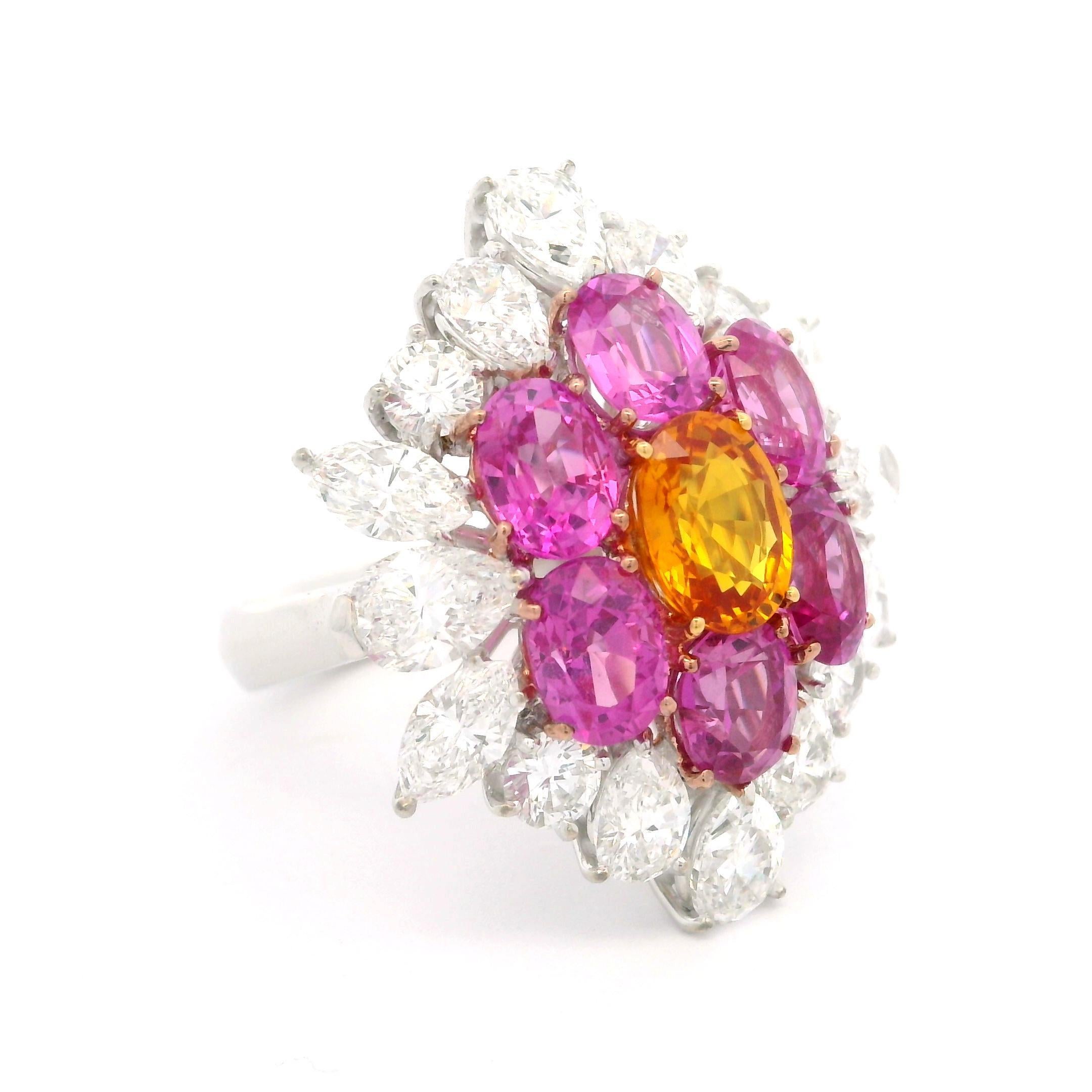 Grande bague plateau en or platine avec saphir rose orange de Birmanie 9,15 carats certifié GIA et diamants en vente 1
