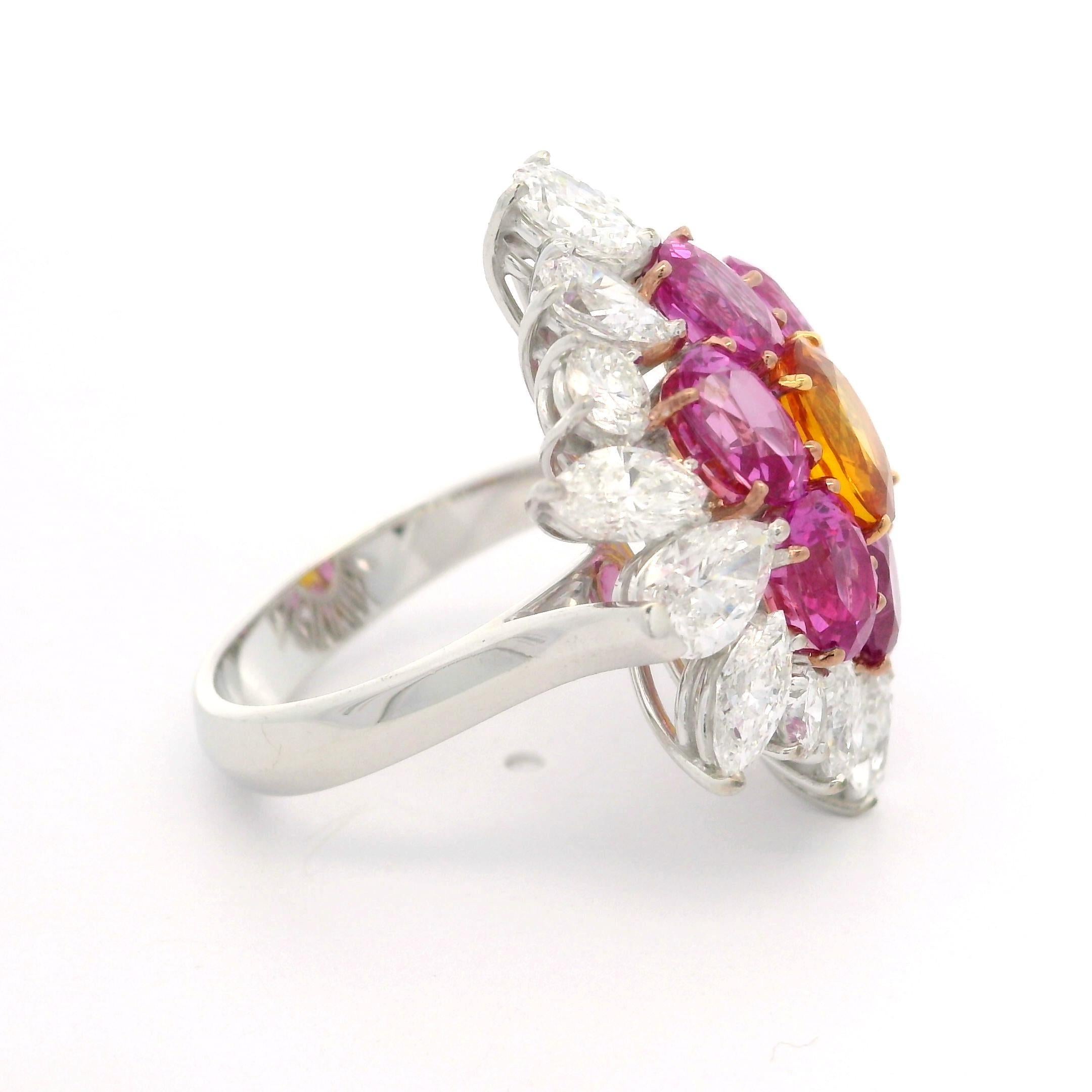 Grande bague plateau en or platine avec saphir rose orange de Birmanie 9,15 carats certifié GIA et diamants en vente 2