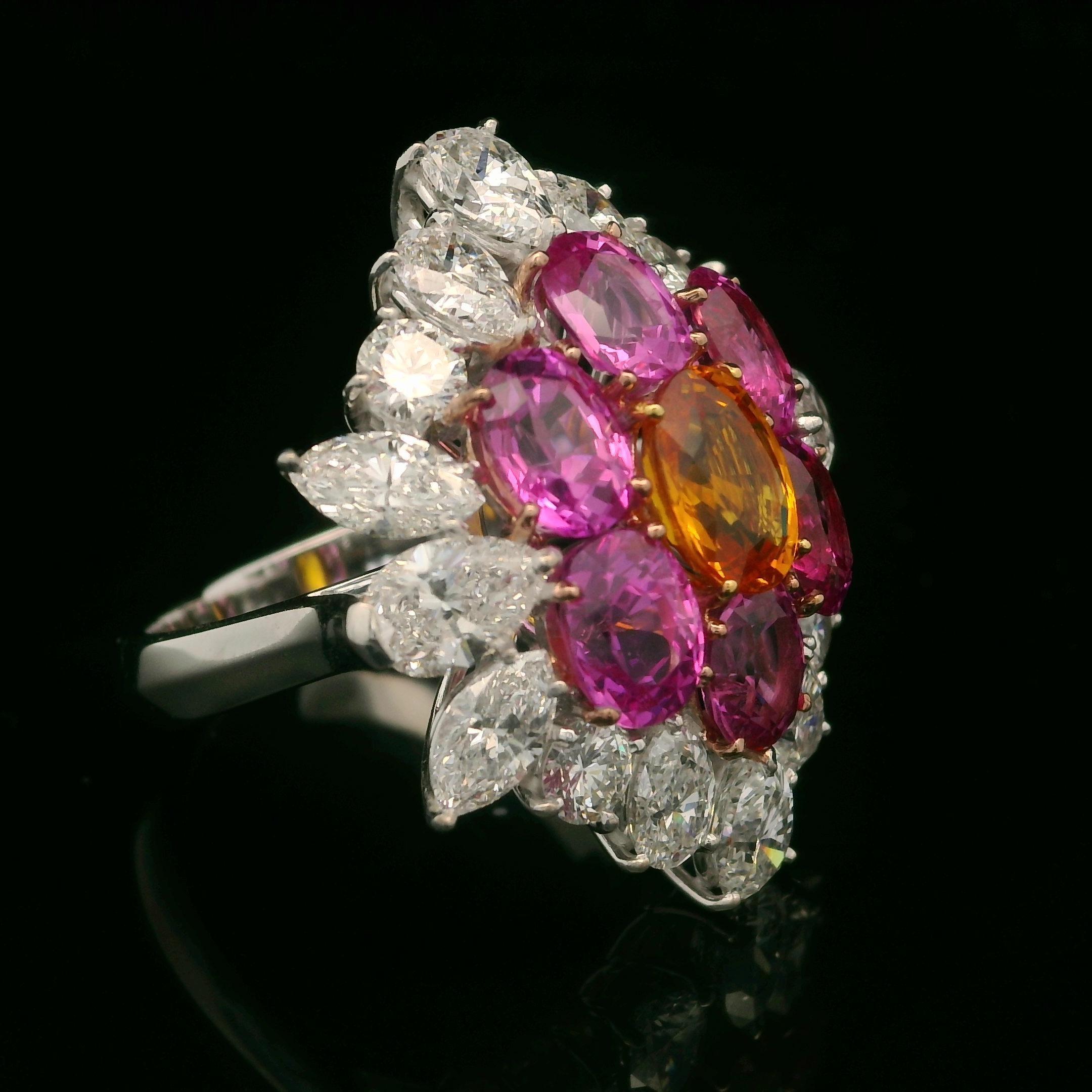 Grande bague plateau en or platine avec saphir rose orange de Birmanie 9,15 carats certifié GIA et diamants en vente 4