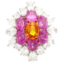 Grande bague plateau en or platine avec saphir rose orange de Birmanie 9,15 carats certifié GIA et diamants