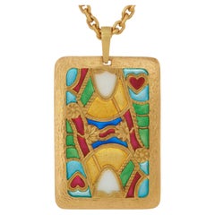 Retro Large Plique-à-Jour and 18 Karat Gold Queen of Hearts Pendant