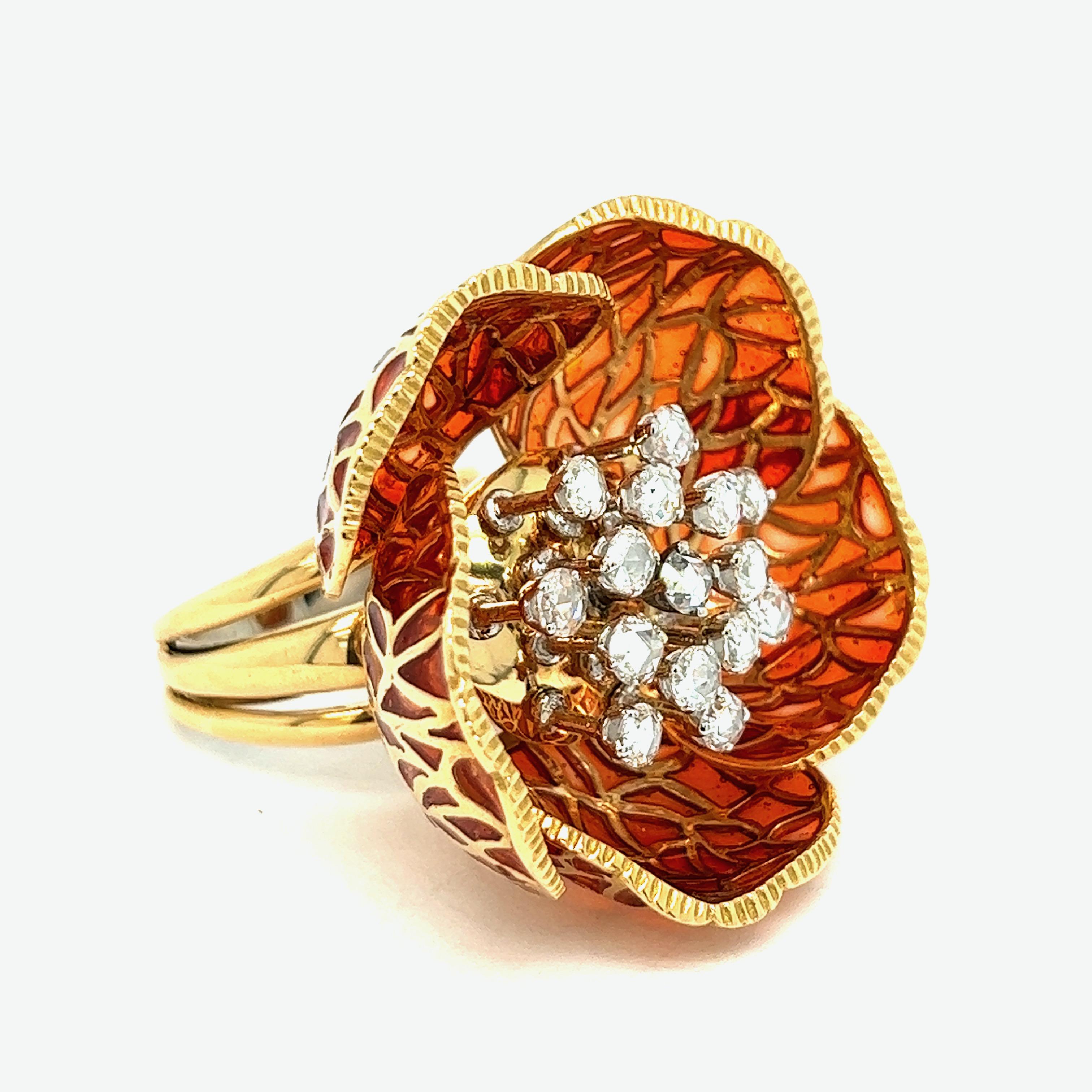 Large plique-á-jour diamond rose ring

Beautiful and well-crafted rose ring made out of 15 rose-cut diamonds of approximately 1.5 carats, orange plique-á-jour petals; 18 karat yellow gold

Size: 7.5 US; top width 1.5 inches, top length 1.5