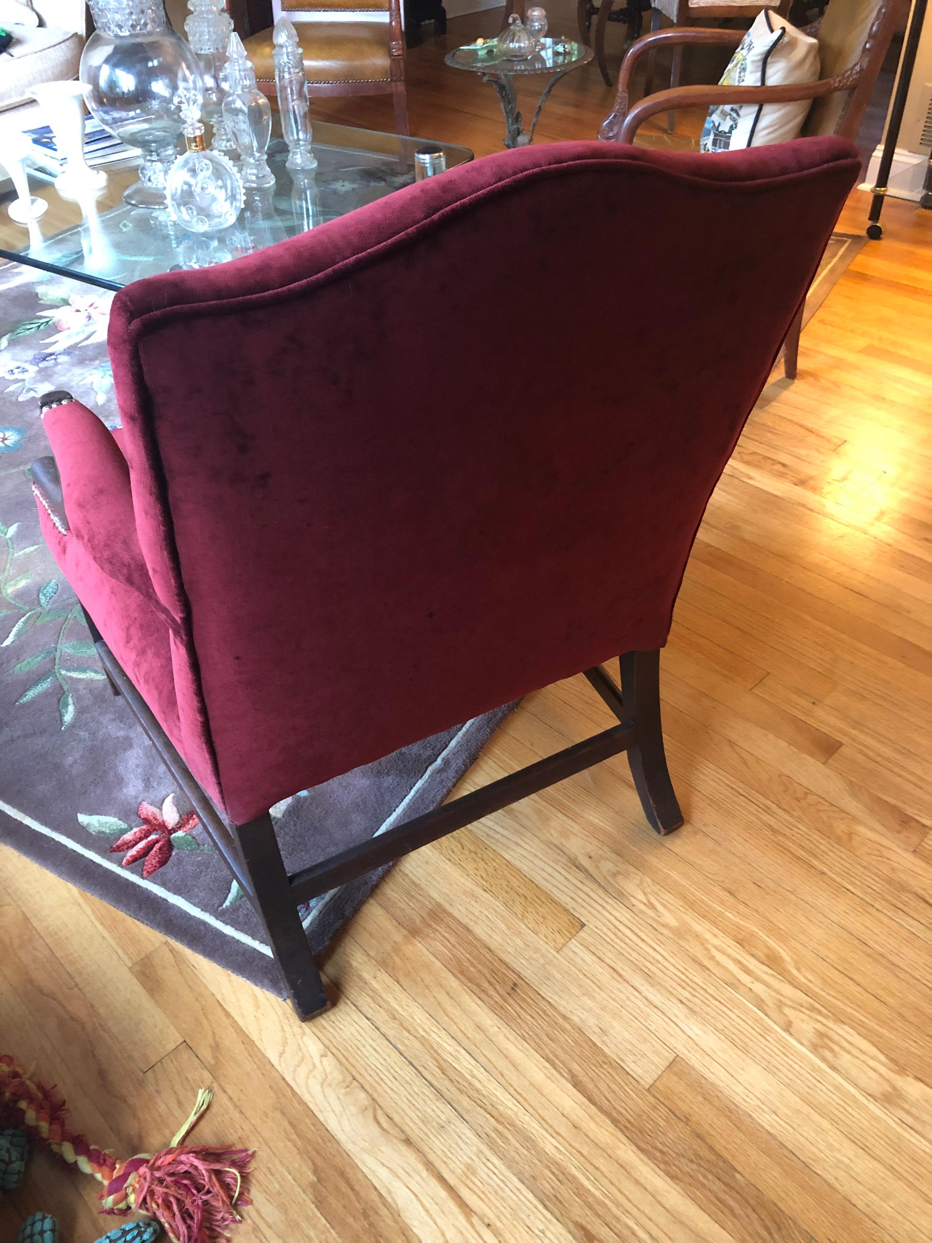 Large Plush Burgundy Velvet & Mahogany Martha Washington Club Chair For Sale 3