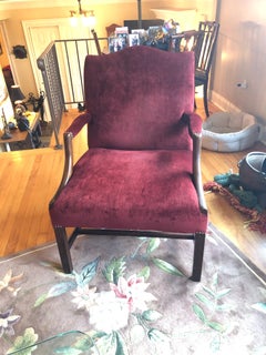 Large Plush Burgundy Velvet & Mahogany Martha Washington Club Chair
