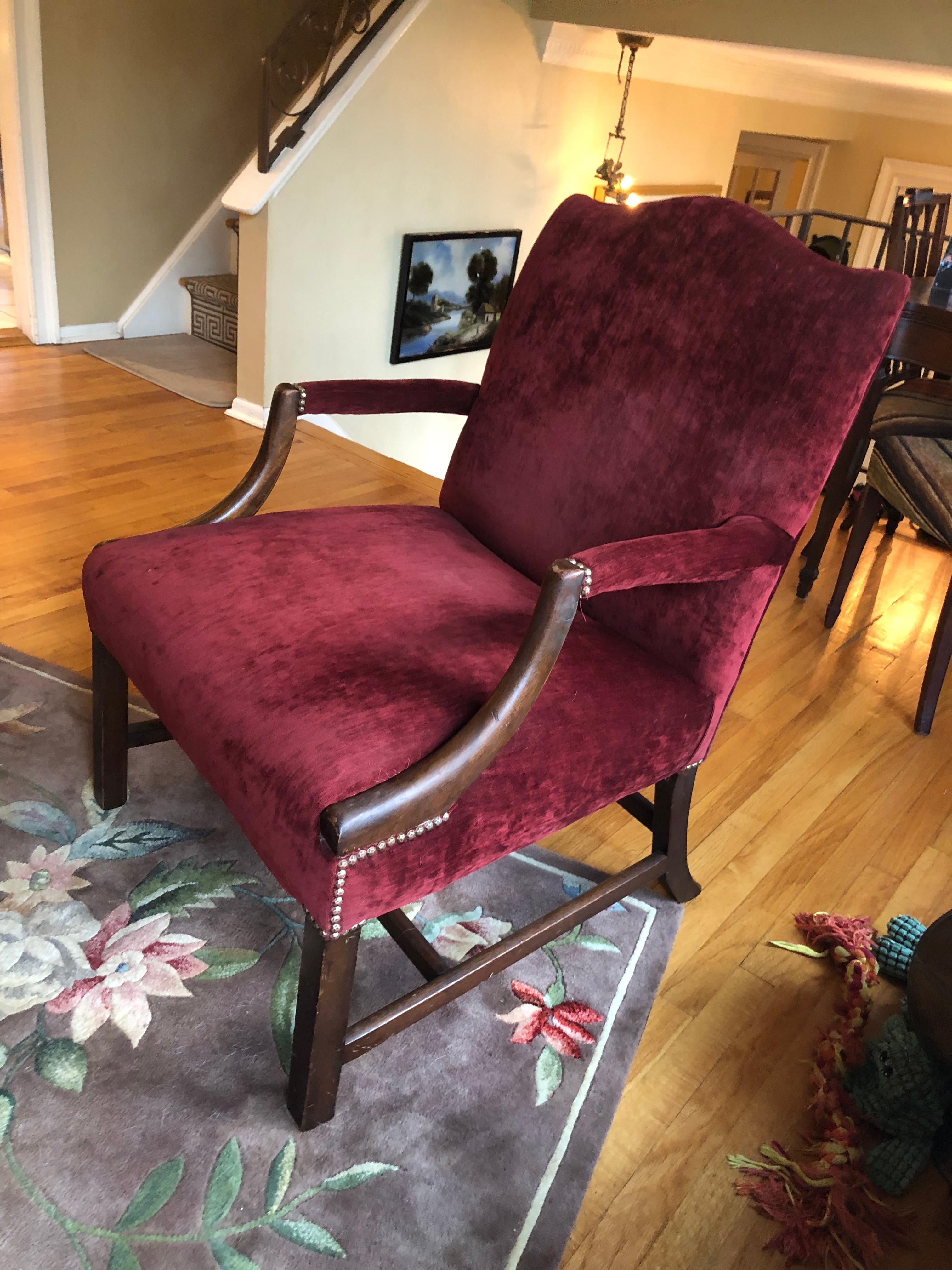 Large Plush Burgundy Velvet & Mahogany Martha Washington Club Chair In Good Condition For Sale In Hopewell, NJ