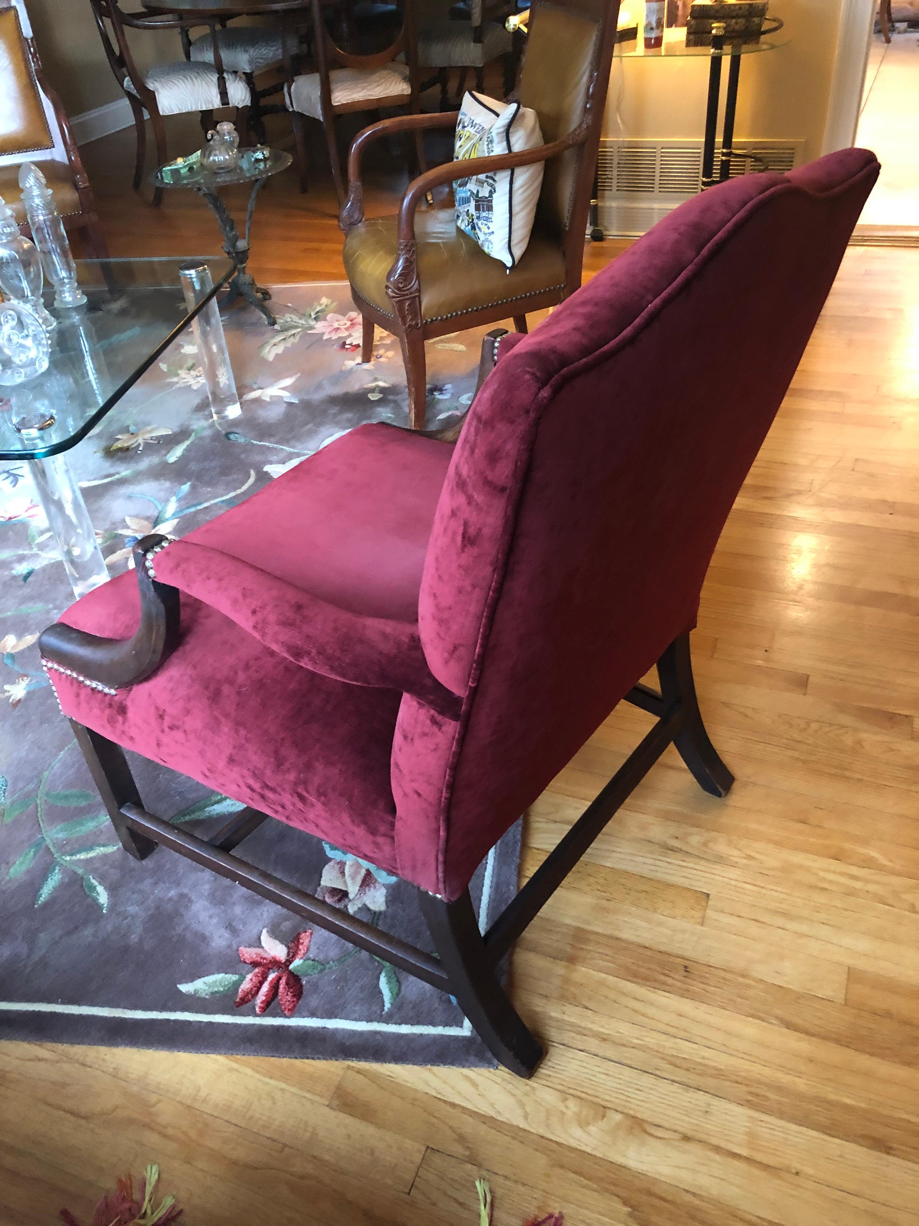 19th Century Large Plush Burgundy Velvet & Mahogany Martha Washington Club Chair For Sale