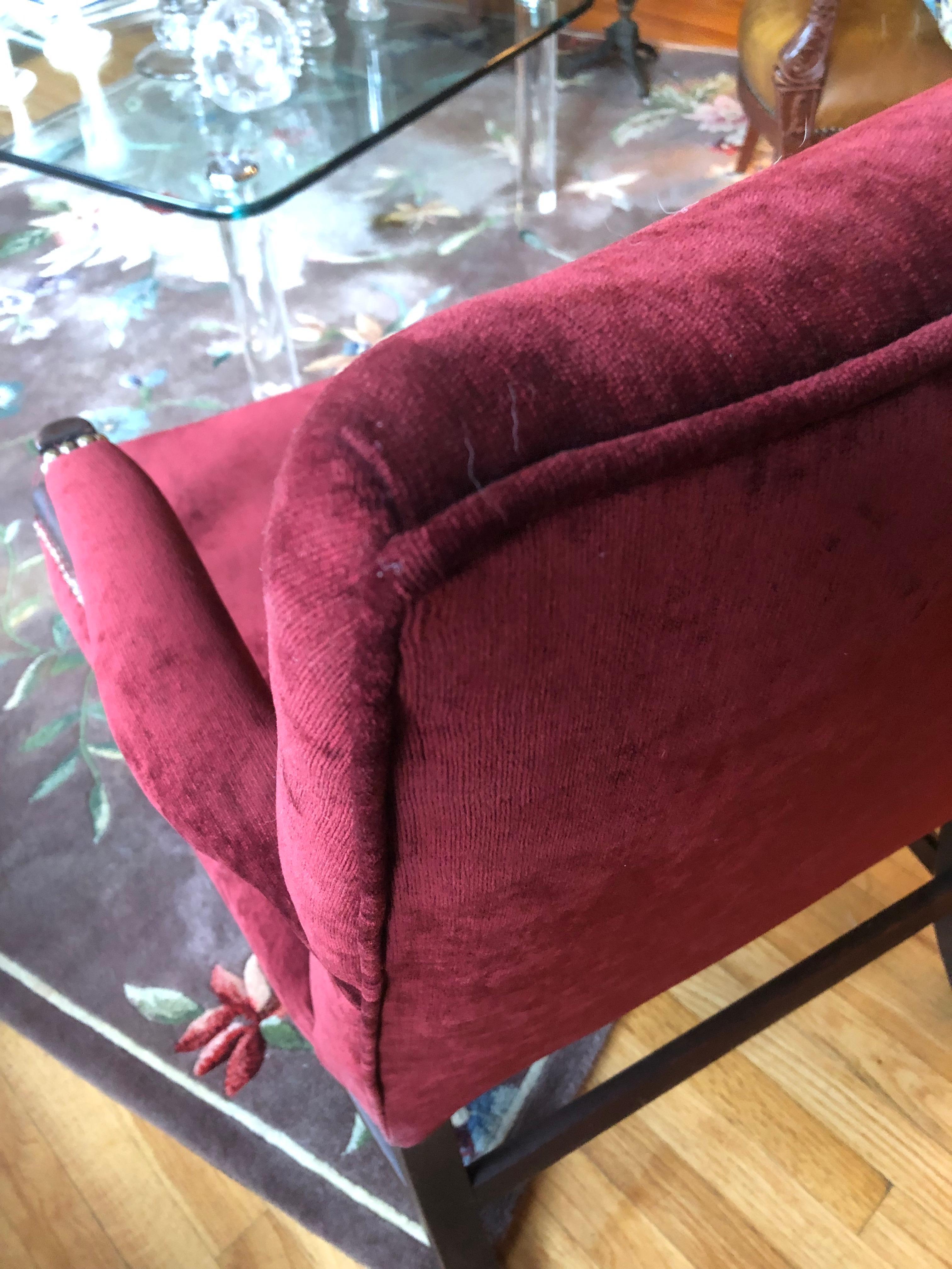 Large Plush Burgundy Velvet & Mahogany Martha Washington Club Chair For Sale 1