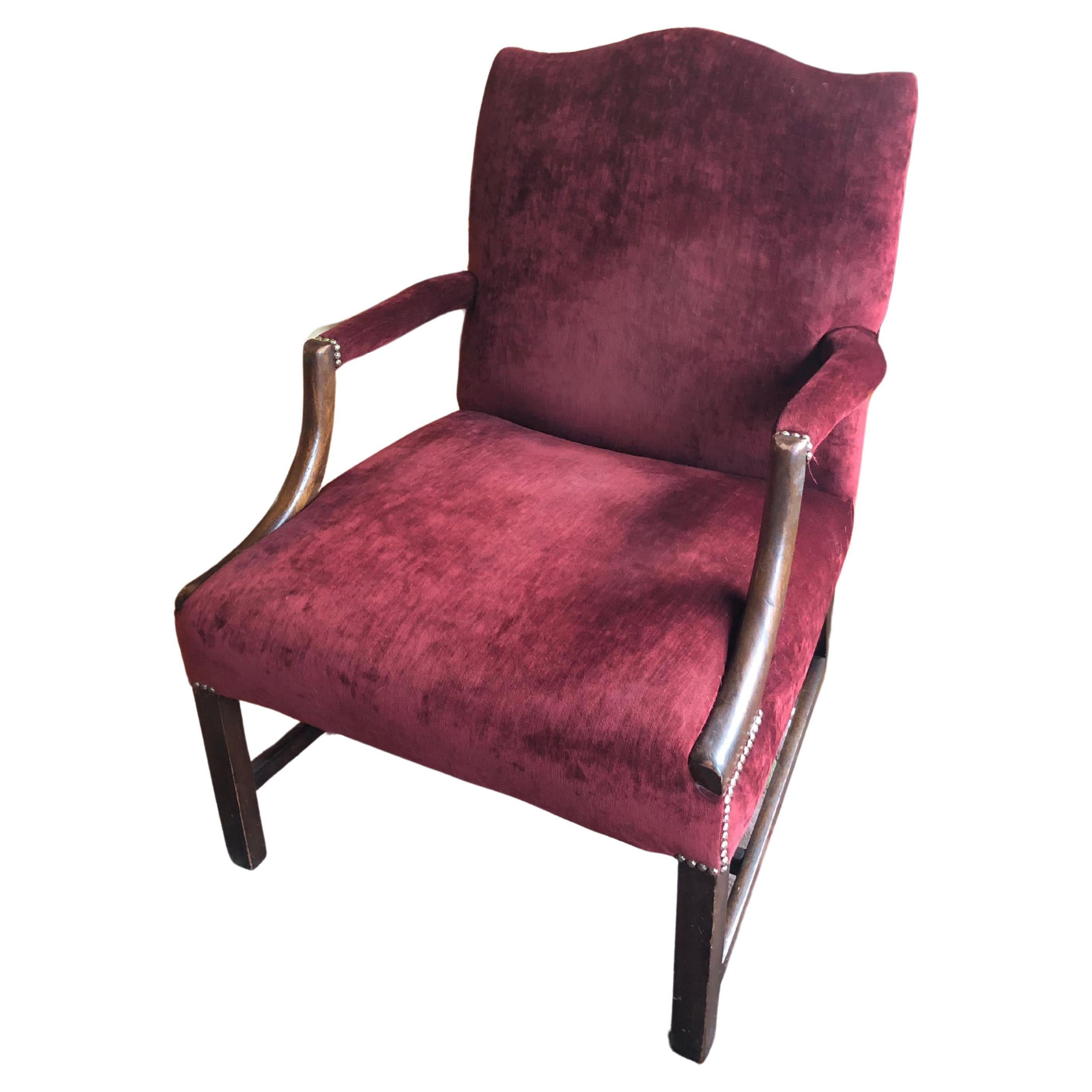 Large Plush Burgundy Velvet & Mahogany Martha Washington Club Chair For Sale