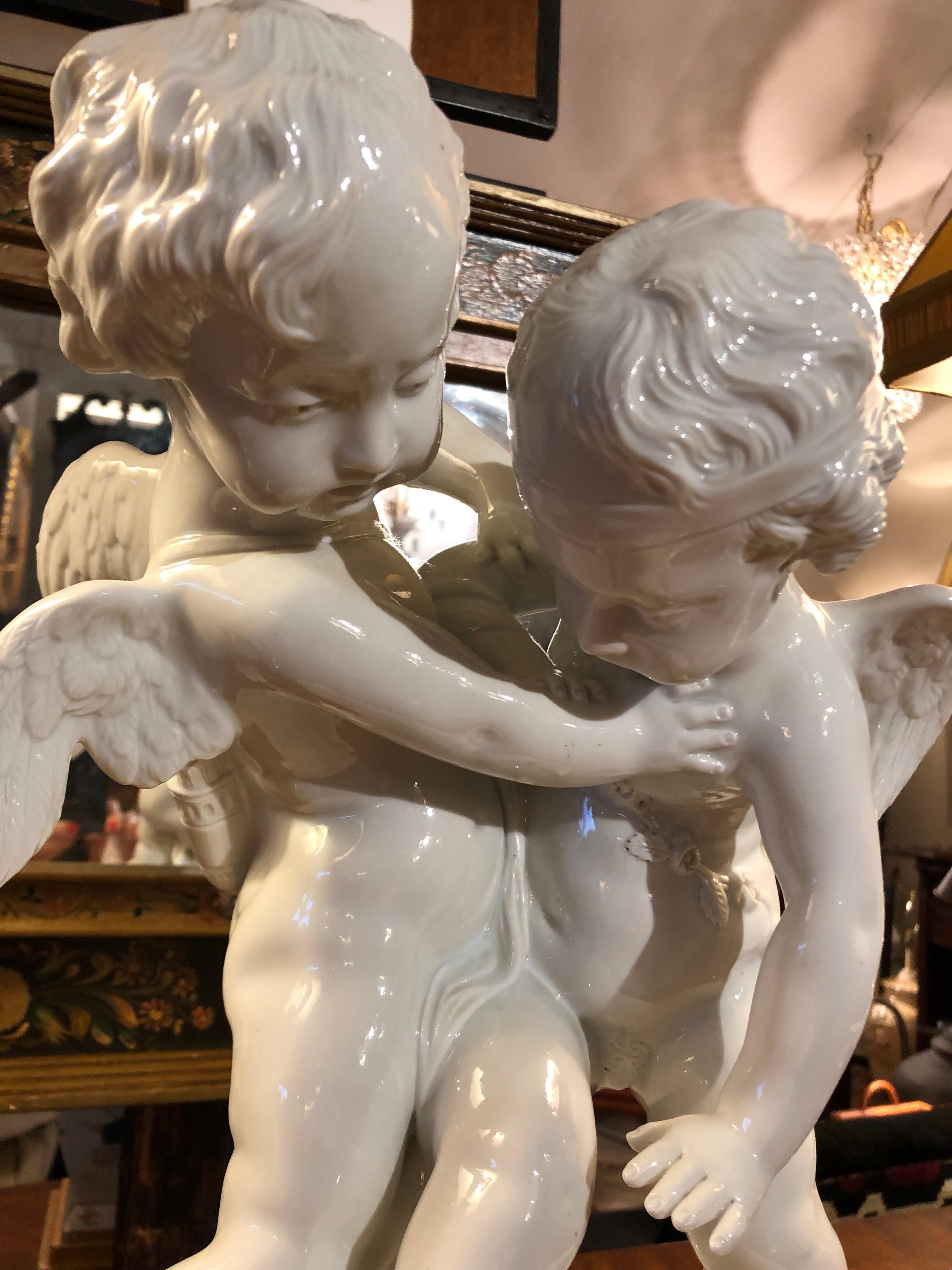 French Large Poetic Porcelain Sculpture of Two Putti For Sale