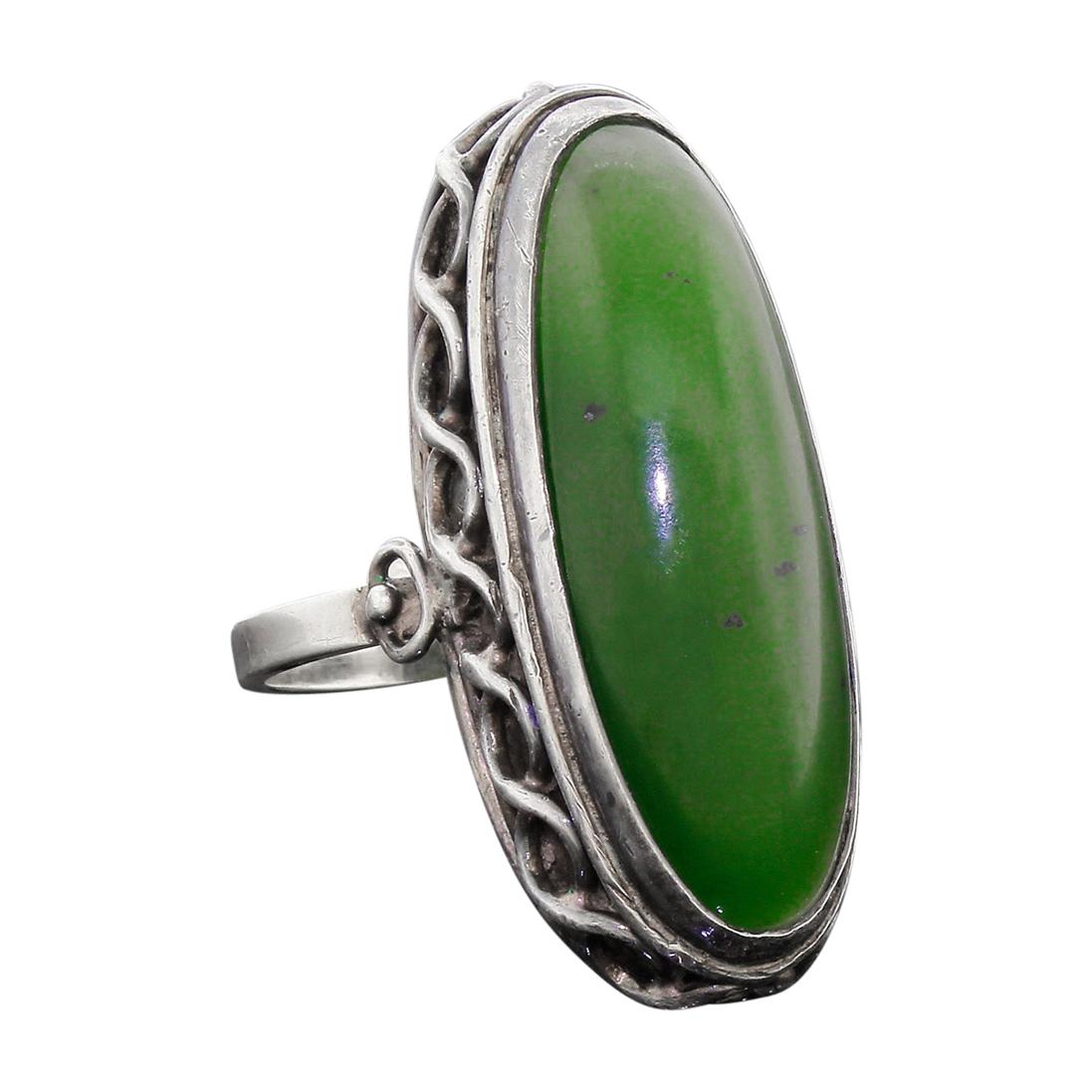 Large Art Nouveau Poland 800 Silver Ring Polish Green Nephrite Jade Vintage 1930