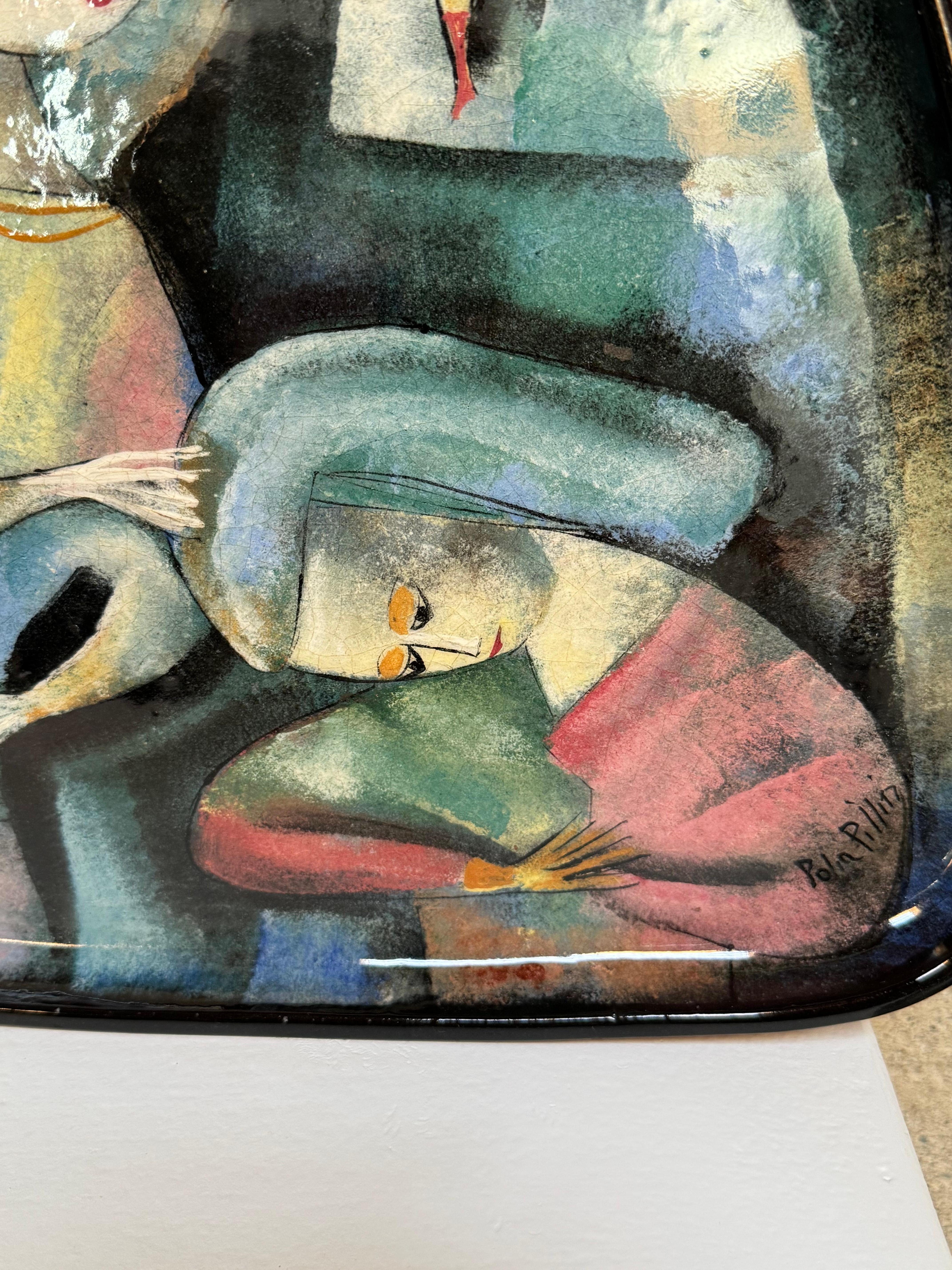 Plato triangular grande Polia Pillin con figuras abstractas Hecho a mano en venta