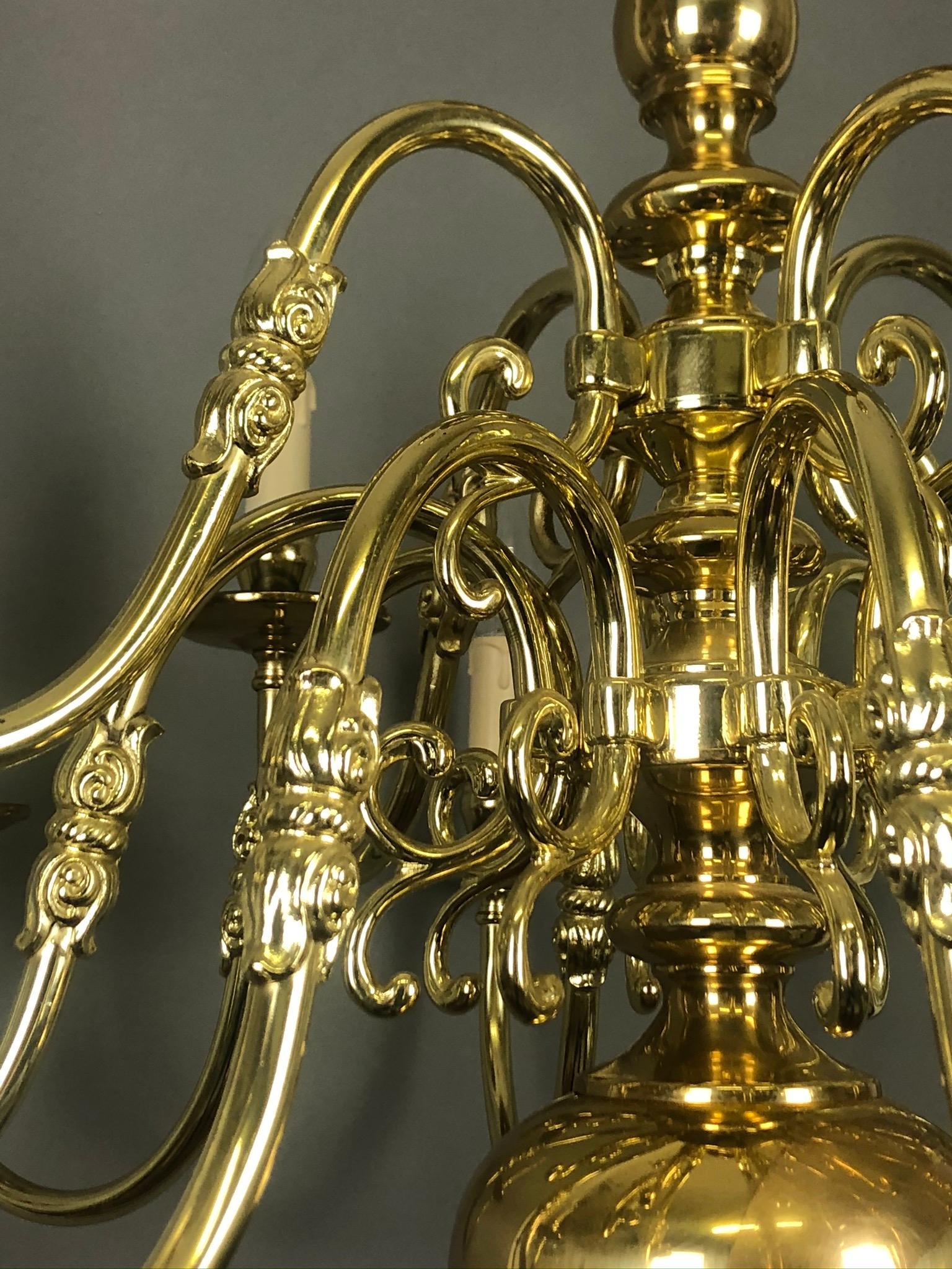 Large Polished Brass Dutch Baroque 12-Light Chandelier For Sale 3