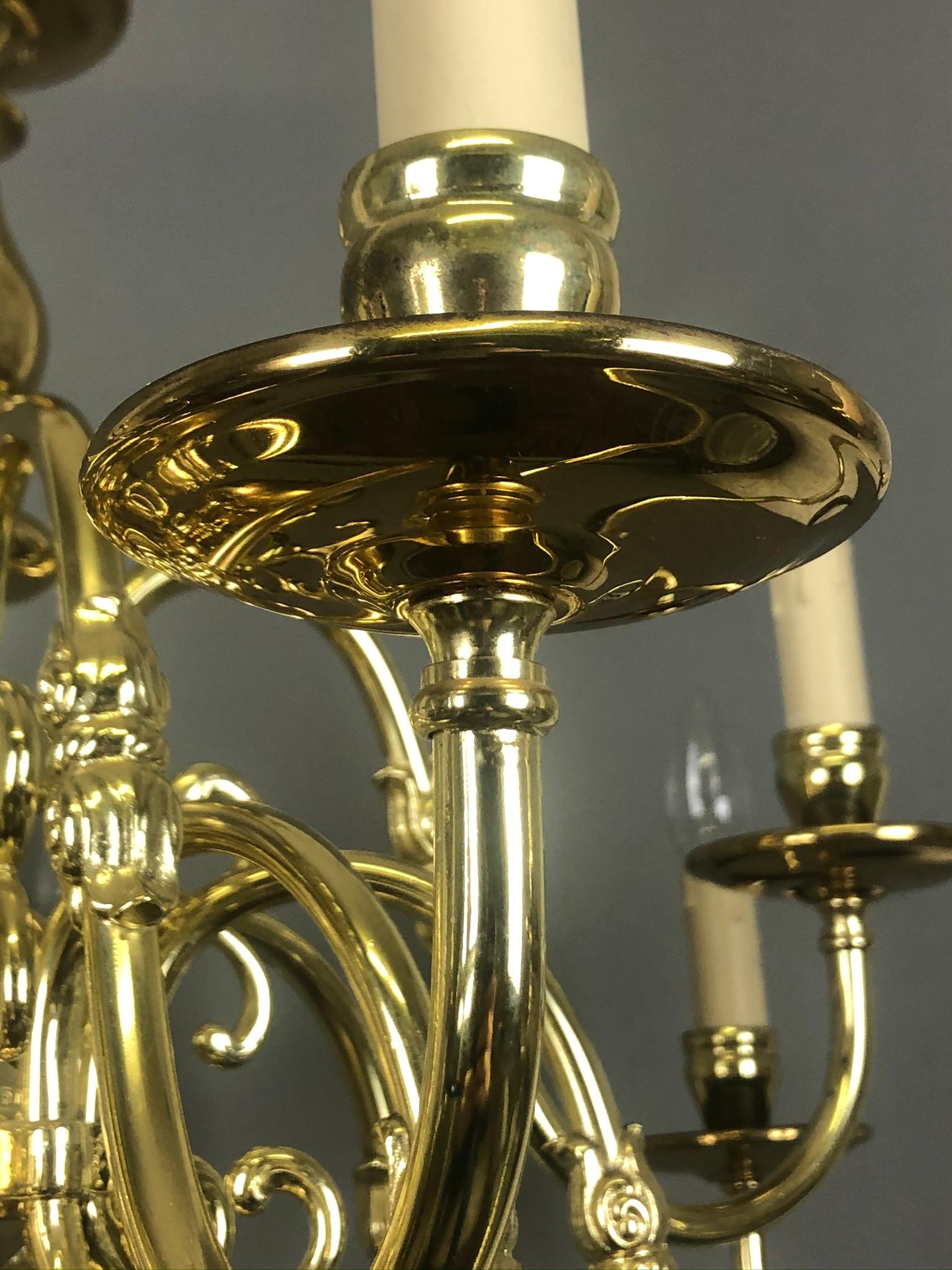 Large Polished Brass Dutch Baroque 12-Light Chandelier For Sale 4