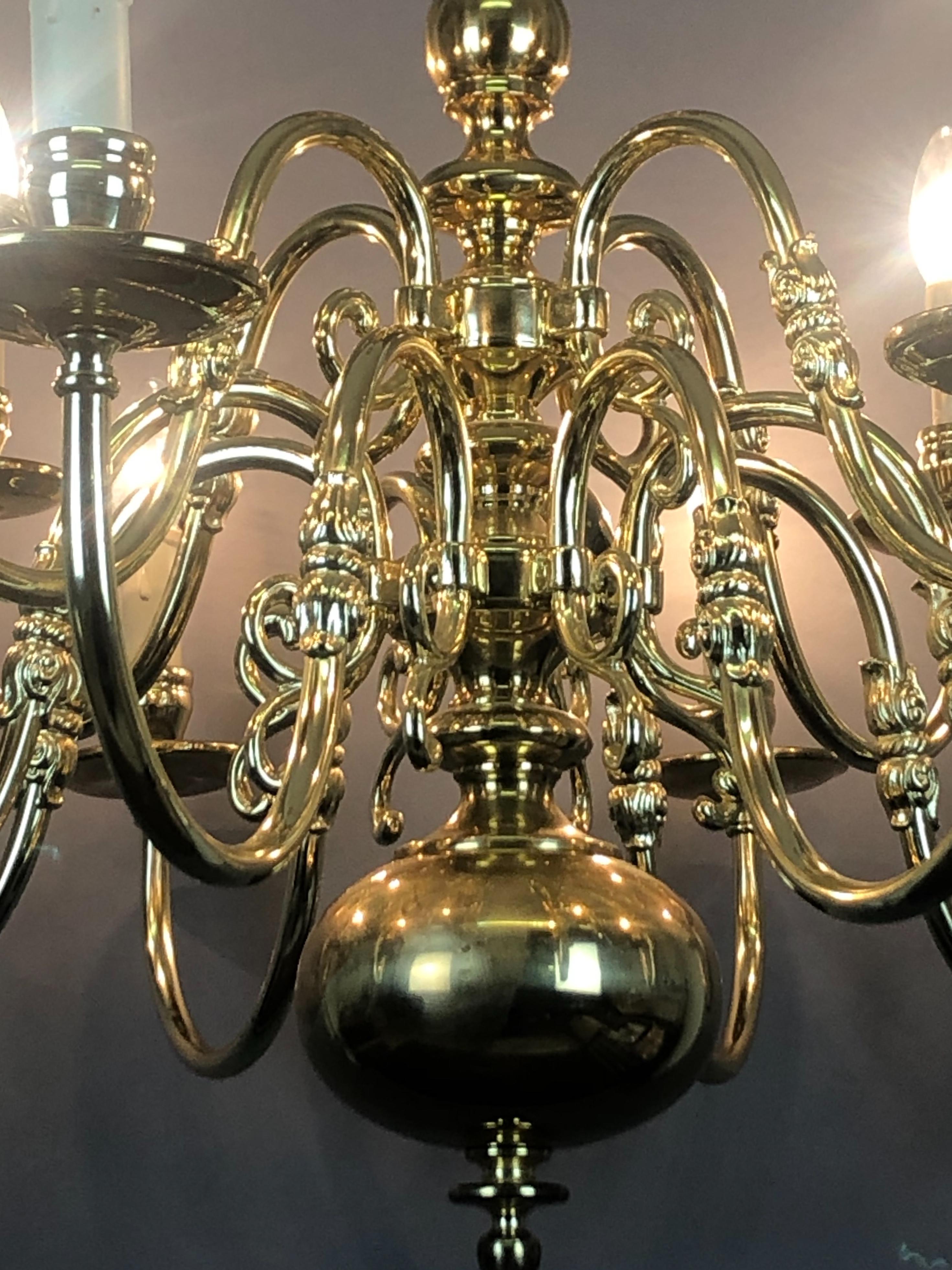 German Large Polished Brass Dutch Baroque 12-Light Chandelier For Sale