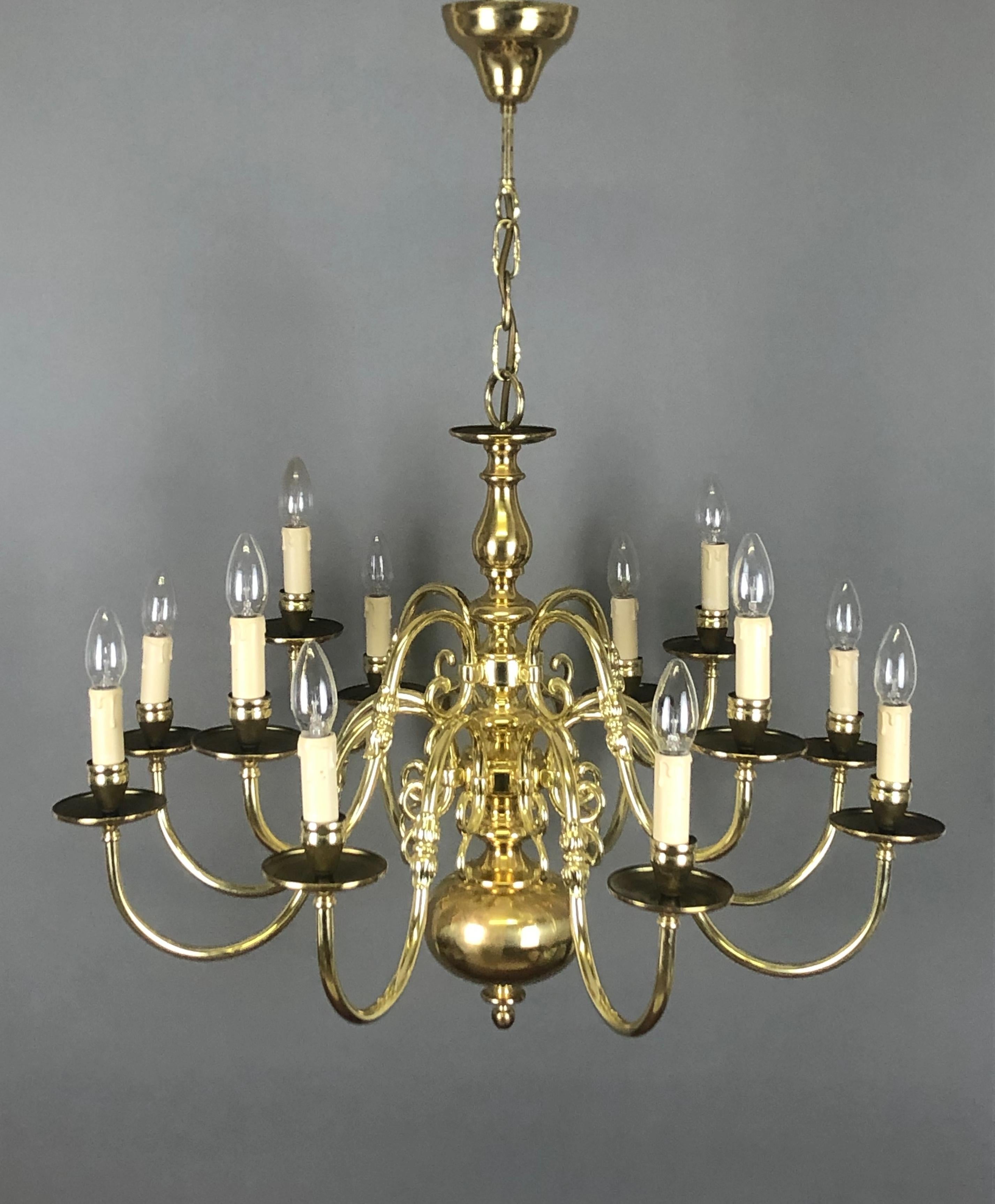 Large Polished Brass Dutch Baroque 12-Light Chandelier For Sale 1
