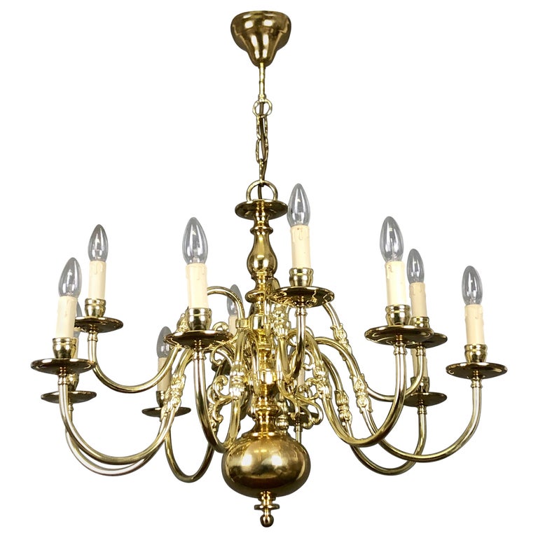 Large Polished Brass Dutch Baroque 12-Light Chandelier For Sale at