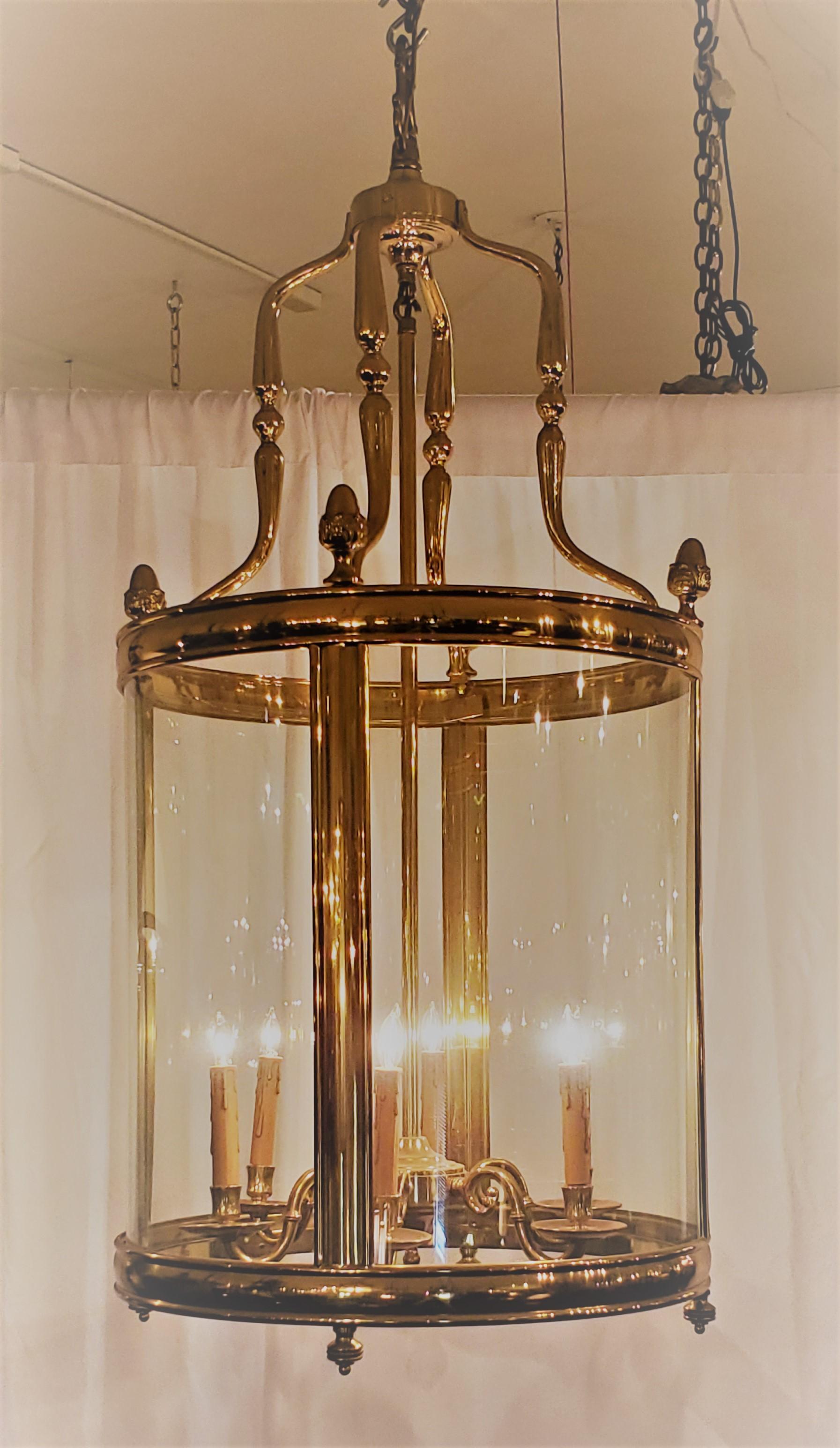 Large Polished Brass European Hall Lantern In Excellent Condition In New Orleans, LA
