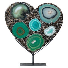 Large Polished Green Agate Heart on Metal Stand (3.5 lbs) 