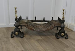 Large Polished Steel and Brass Log Grate on Andirons