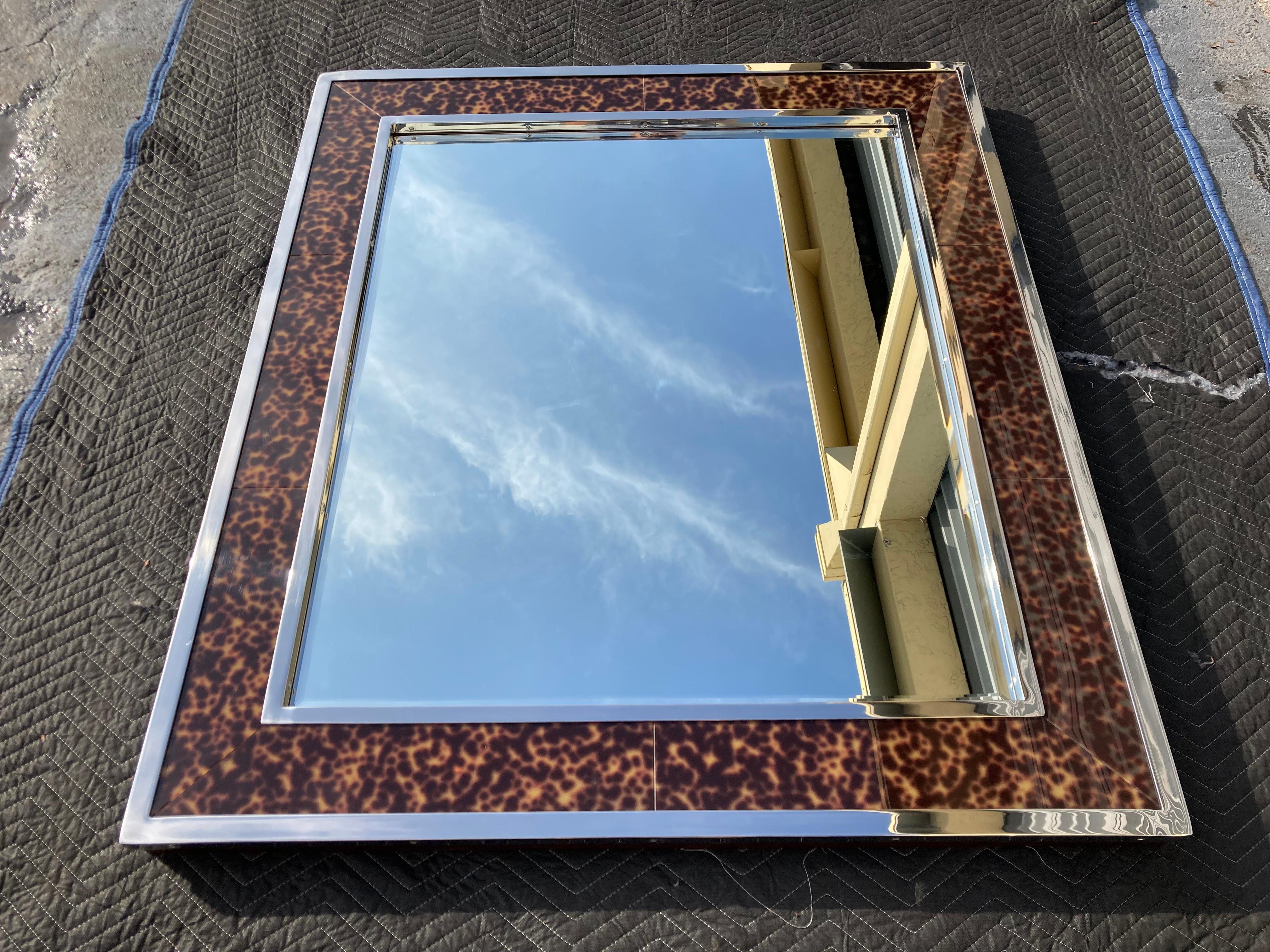 Modern Large Polo Ralph Lauren Wall Mirror, Stainless Steel, Mahogany, Tortoise Shell