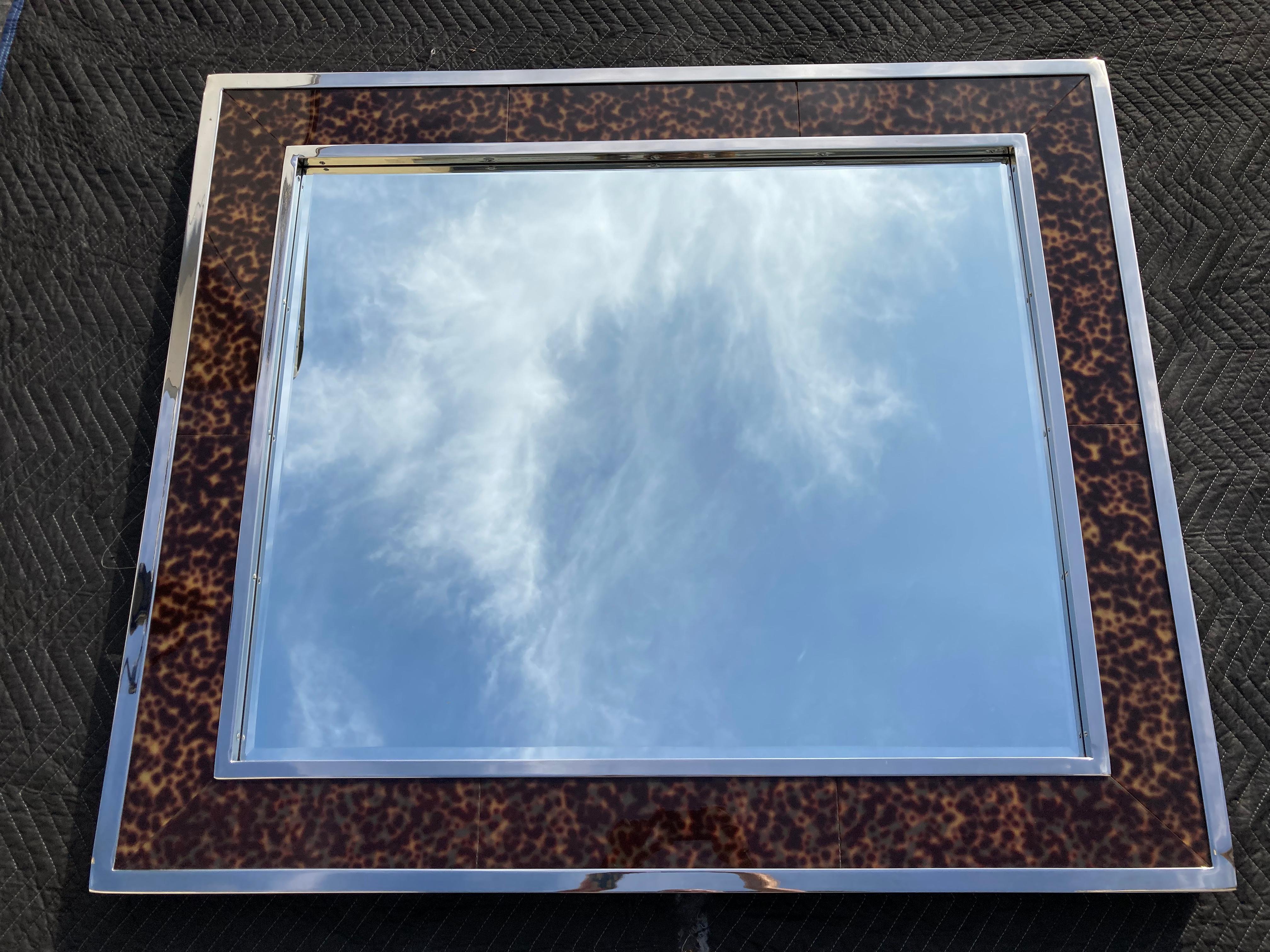 Late 20th Century Large Polo Ralph Lauren Wall Mirror, Stainless Steel, Mahogany, Tortoise Shell