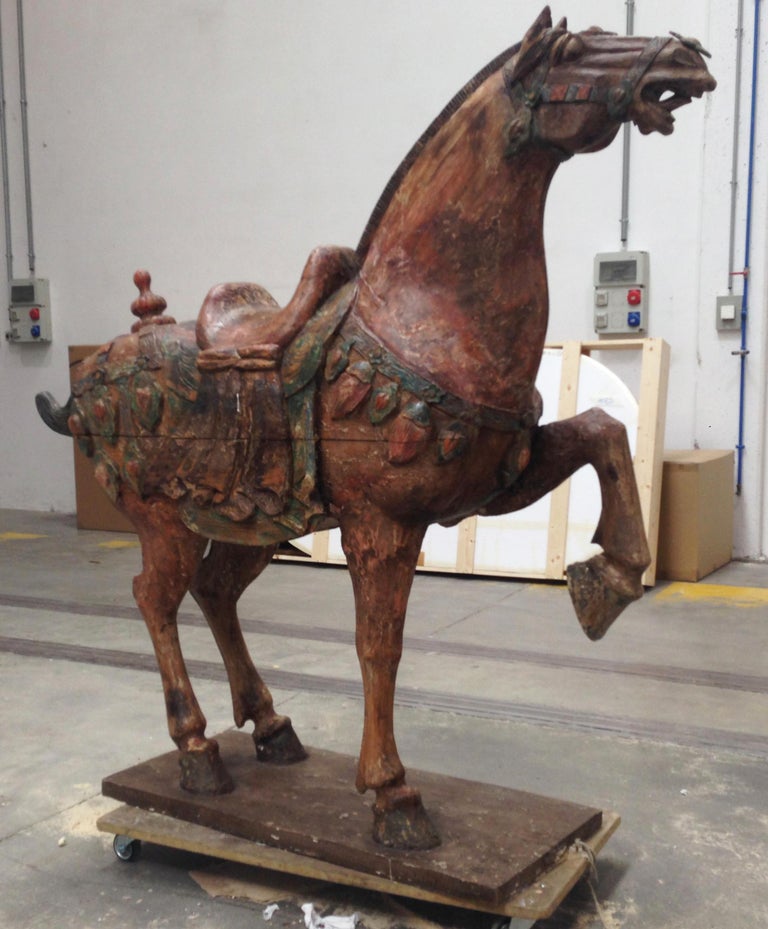 Large Polychrome Carved Wood Tang Horse For Sale at 1stDibs large
