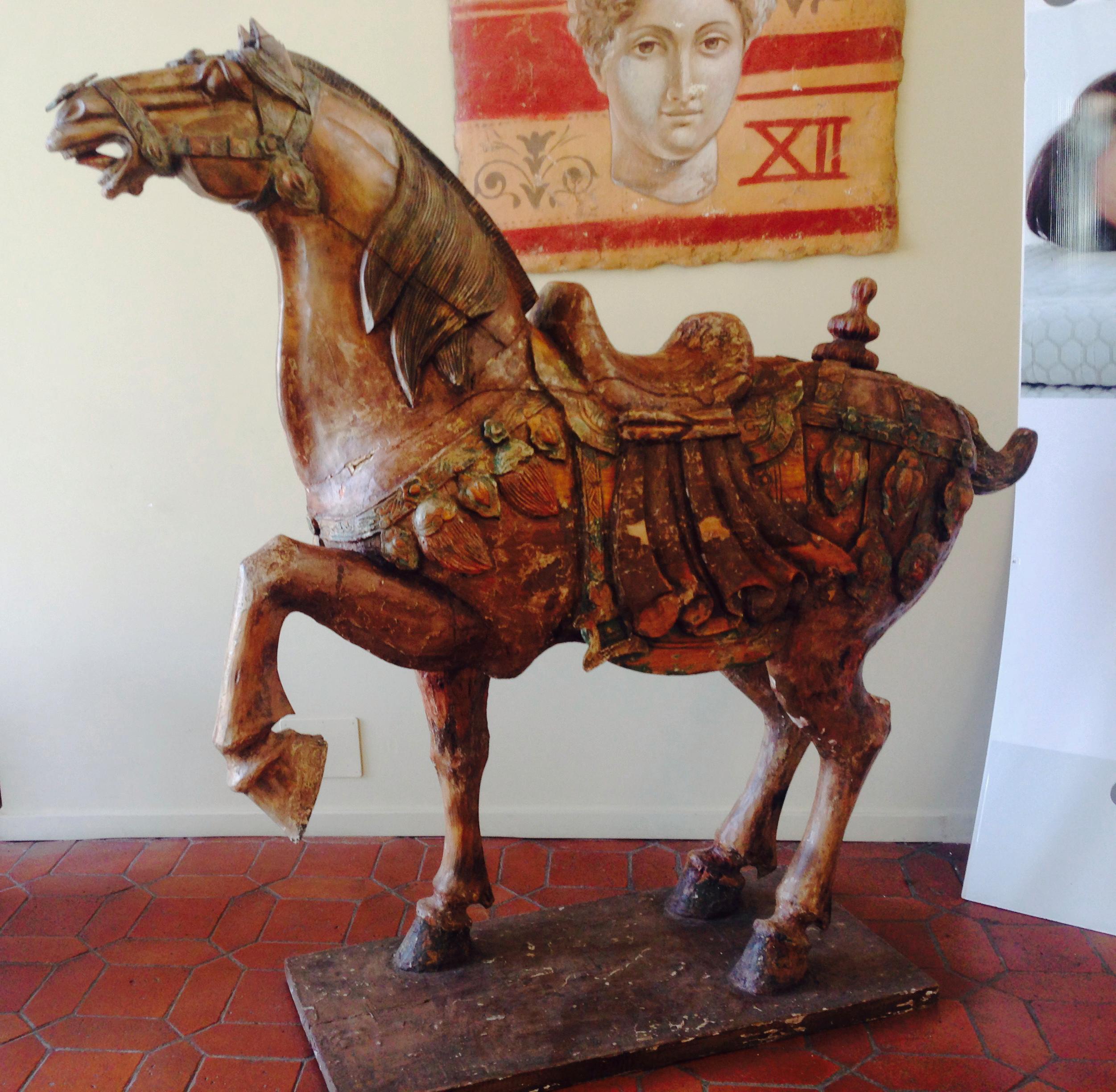 Engraved Large Polychrome Carved Wood Tang Horse