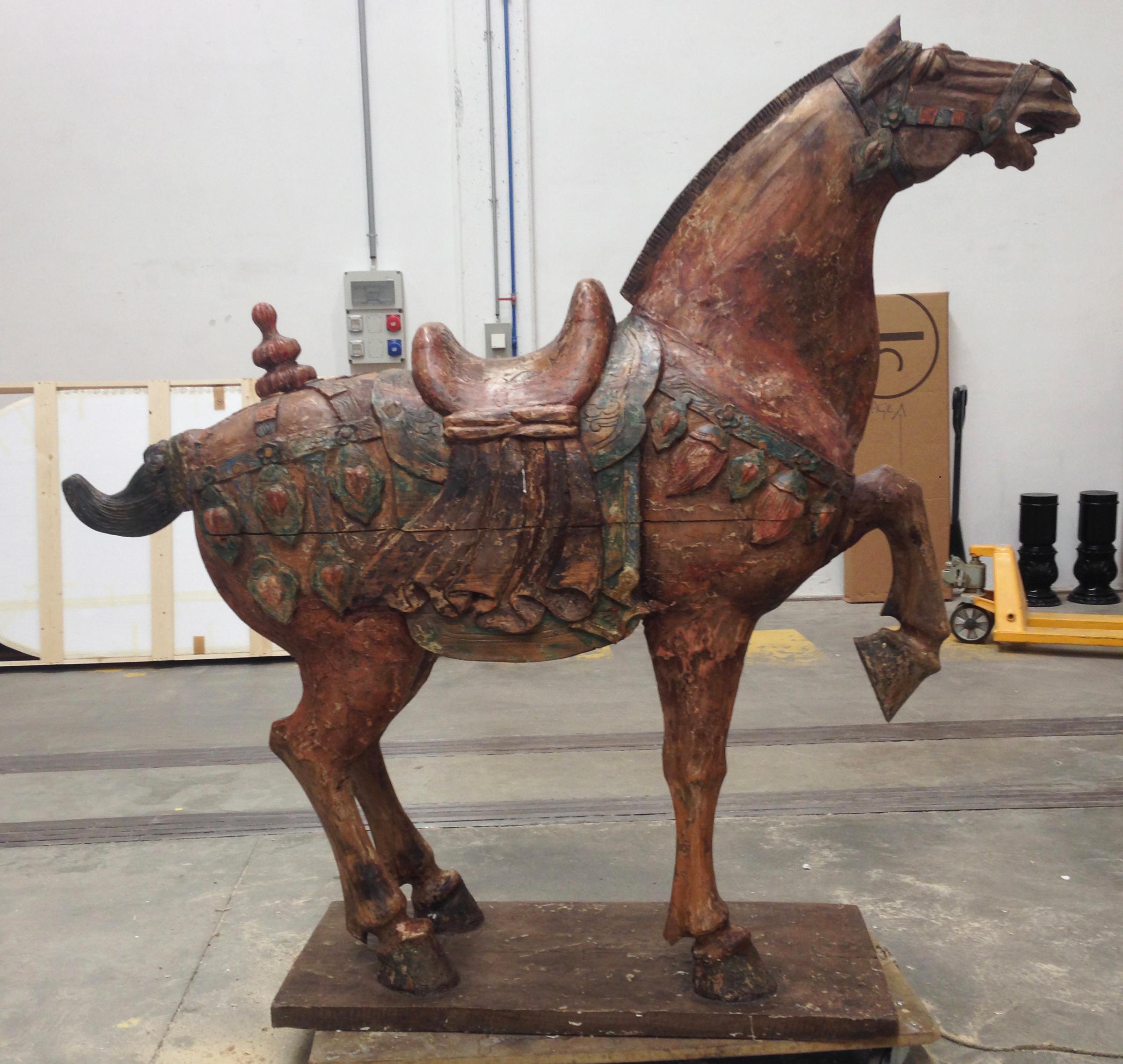 19th Century Large Polychrome Carved Wood Tang Horse