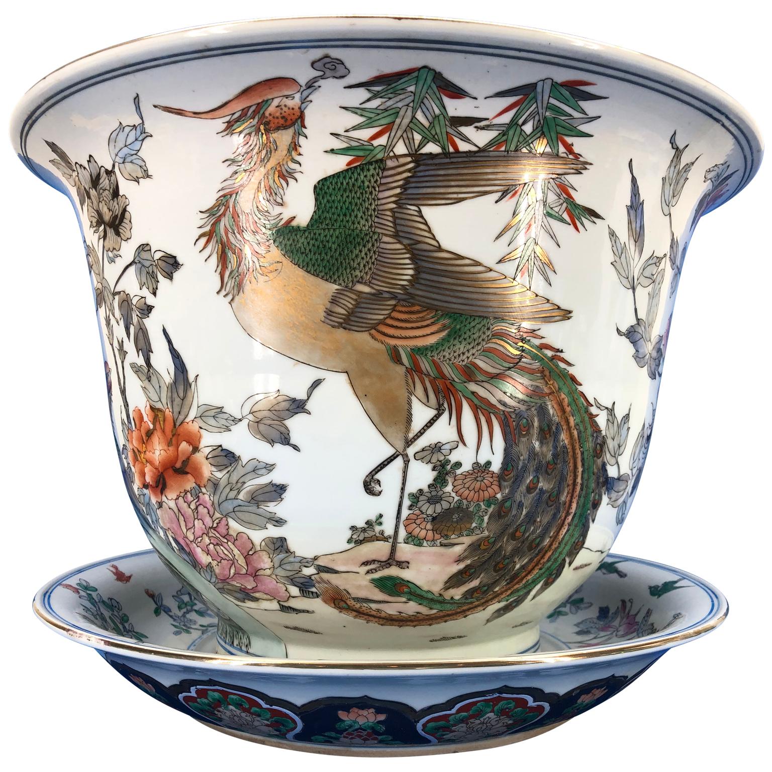 Hand-Painted Large Polychrome Chinese Hand Painted Porcelain Jardinière Urn and Charger For Sale