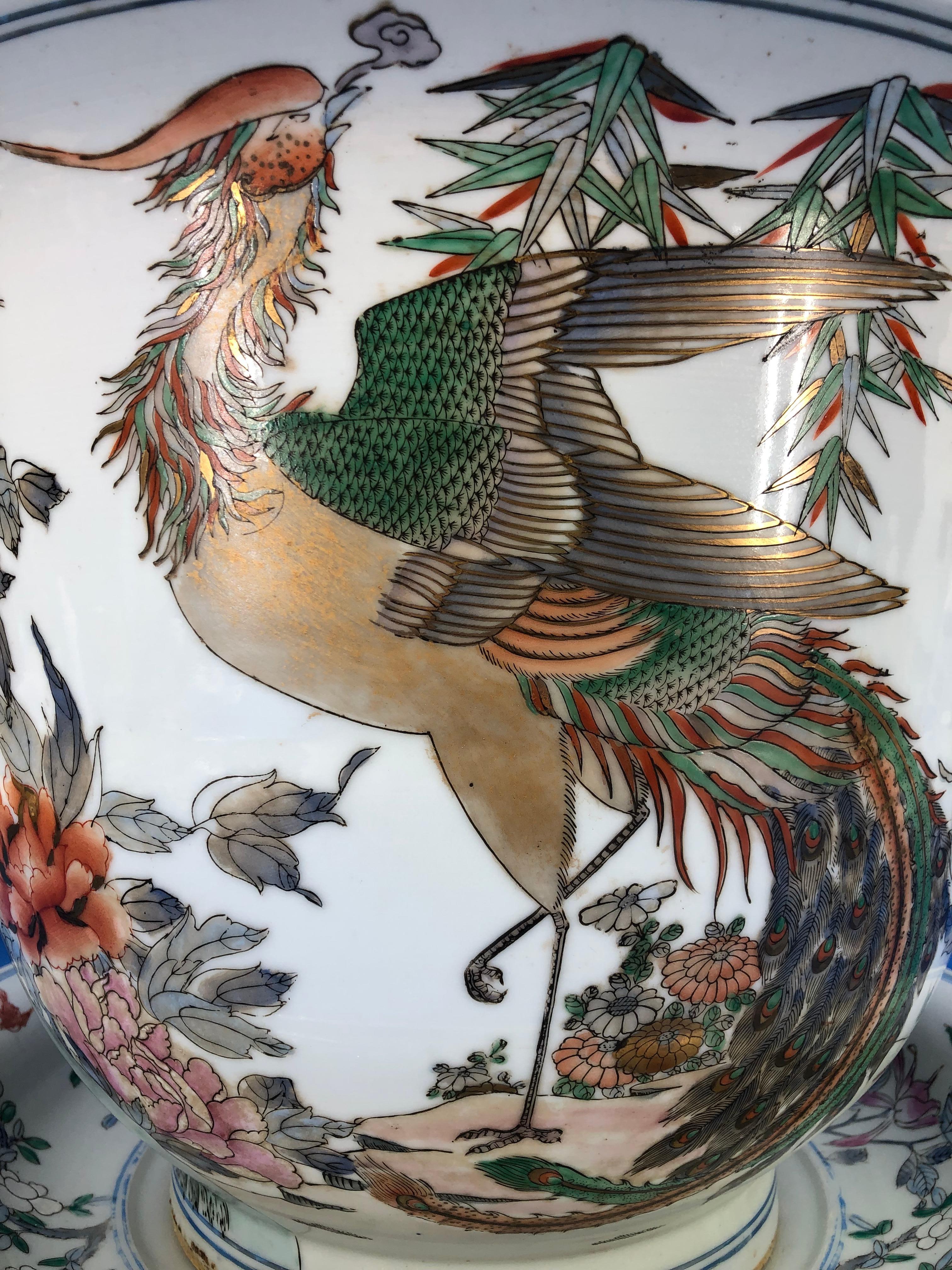 Large Polychrome Chinese Hand Painted Porcelain Jardinière Urn and Charger For Sale 3