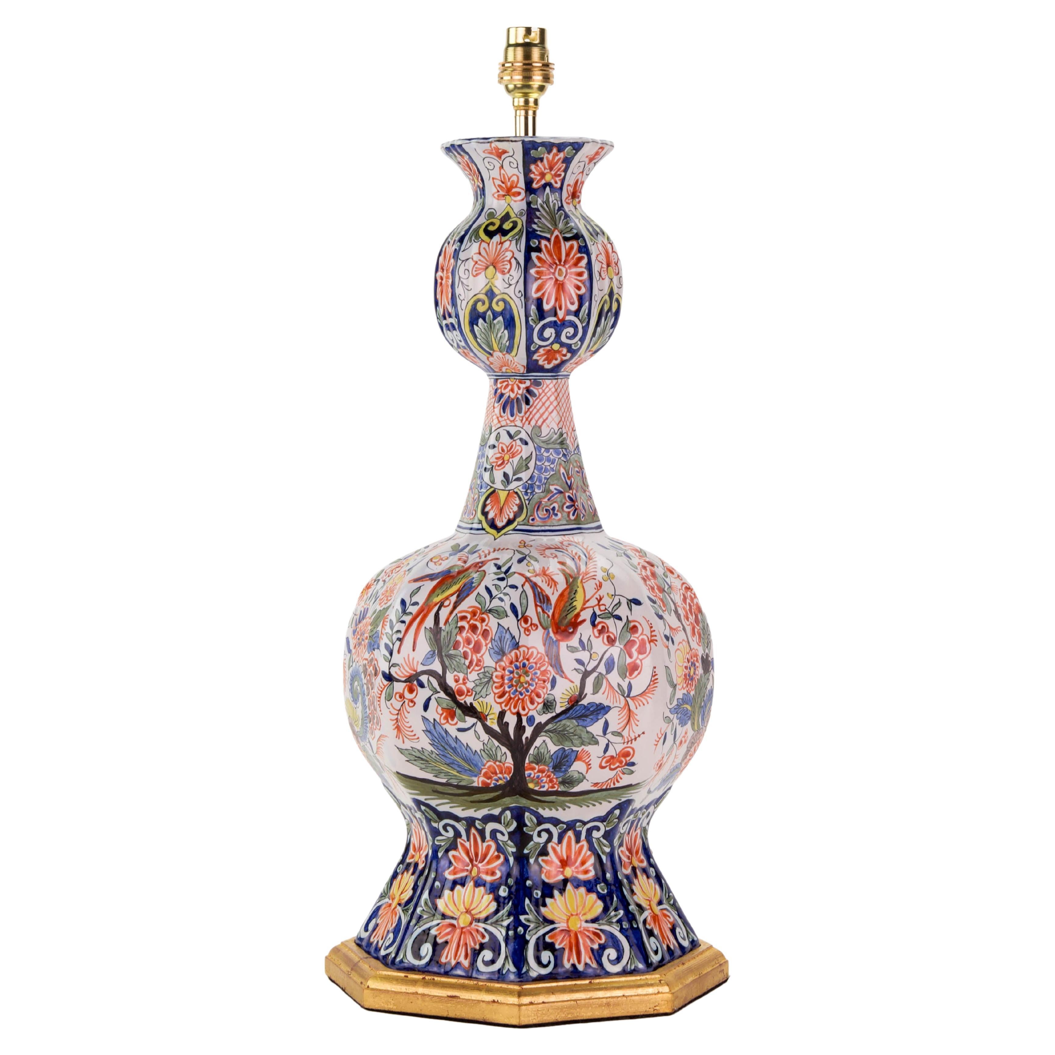 Large Polychrome Delft Antique Table Lamp For Sale