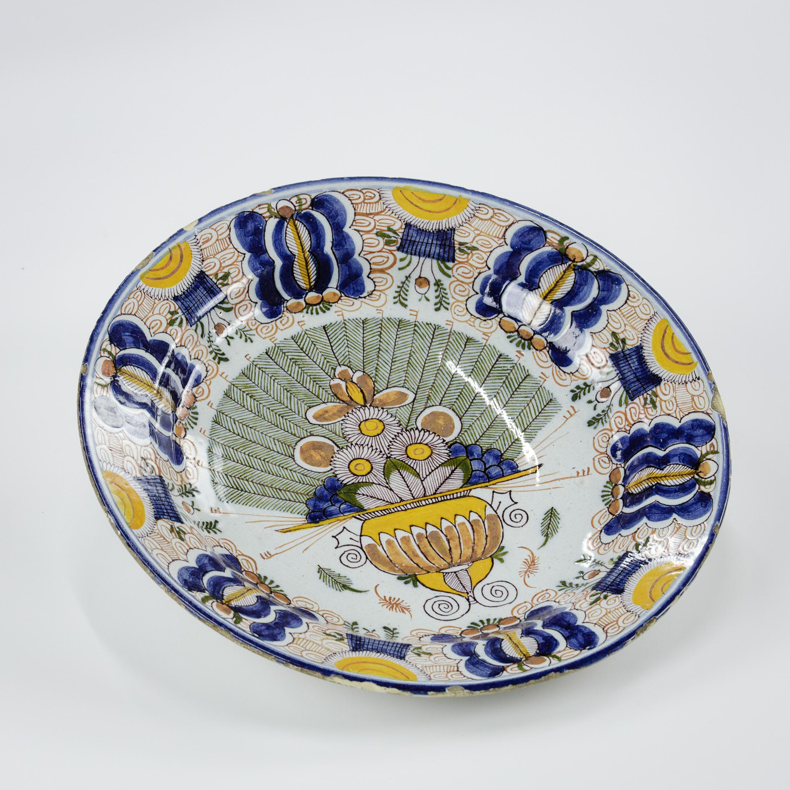 19th Century Large Polychrome Dutch Delftware Peacock Pattern Charger, De Vergulde Blompot