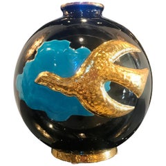 Large Polychrome Enameled Spherical Vase, by Longwy after George Braque