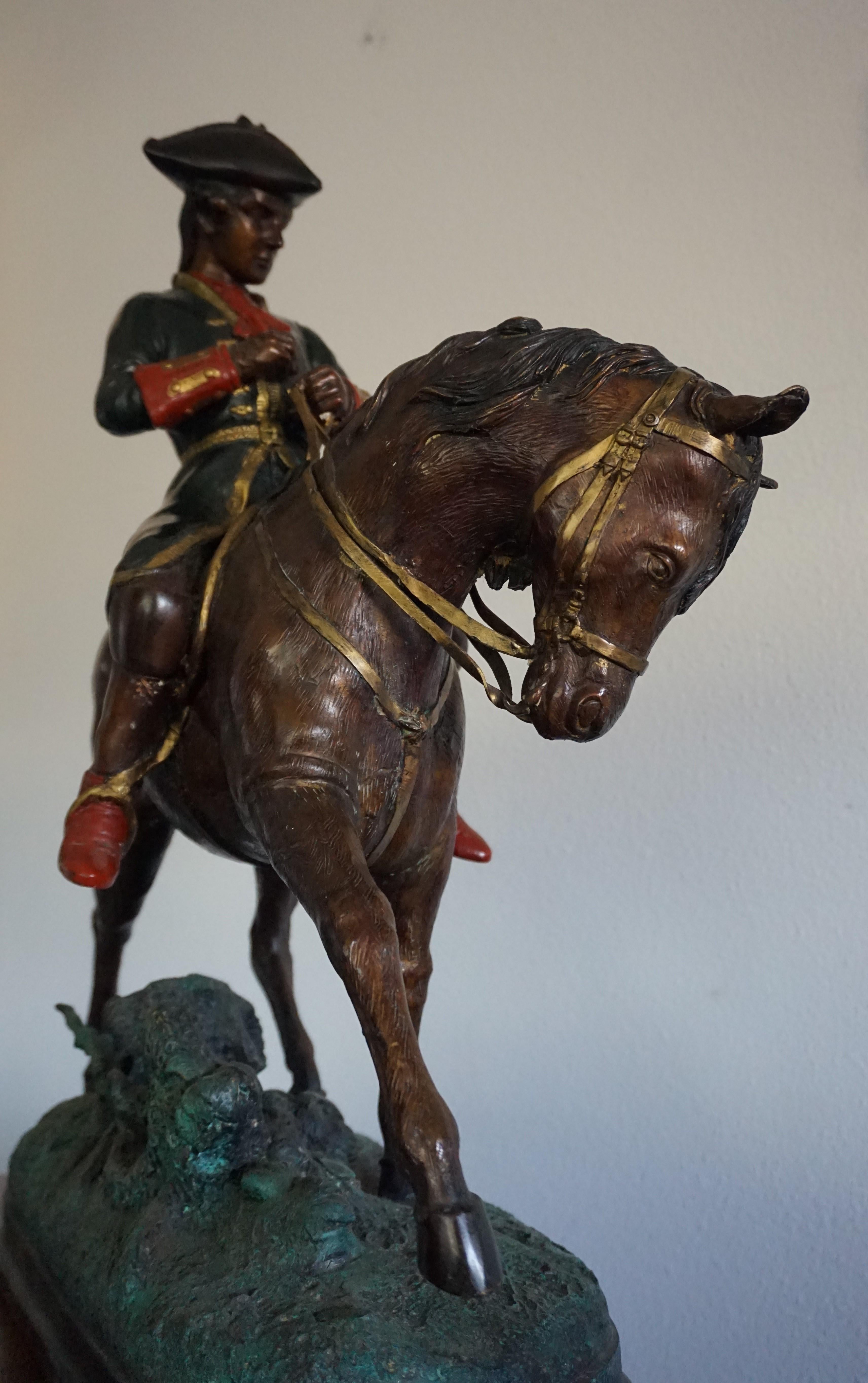 20th Century Large Polychrome Painted Bronze Sculpture of a Young Horse Riding Napoleon For Sale