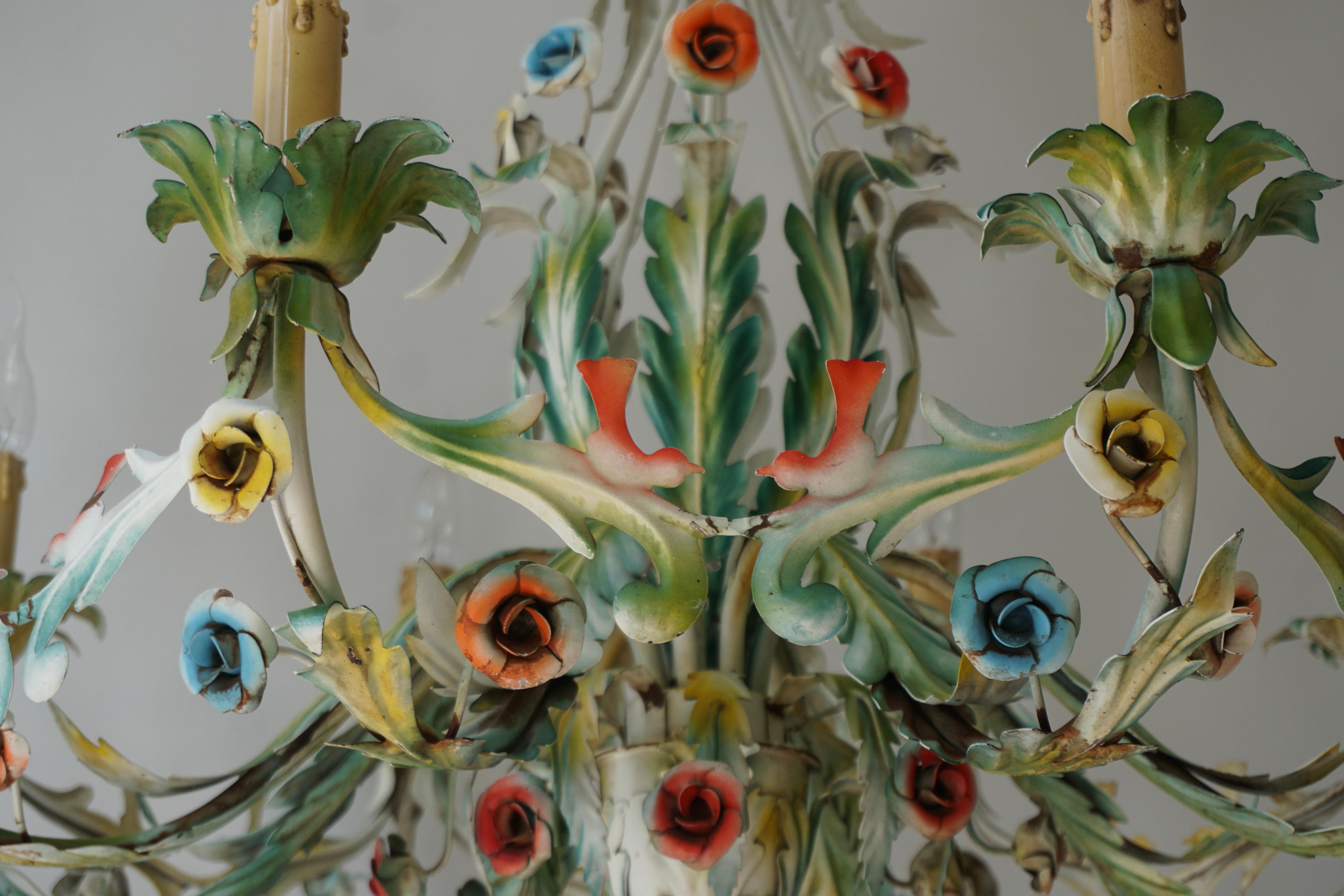 Large Polychrome Painted Metal Chandelier with Flowers and Birds For Sale 7