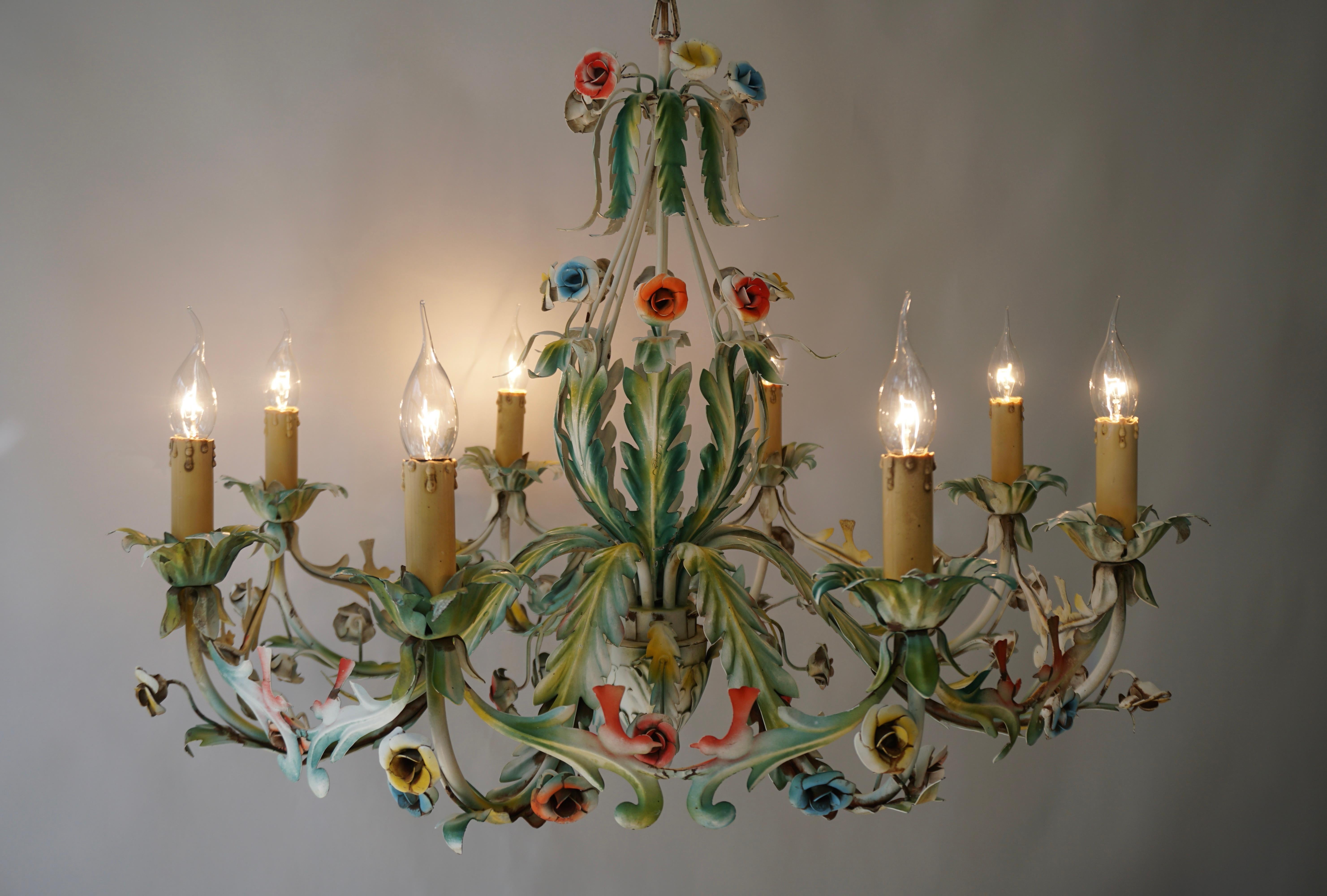Italian Large Polychrome Painted Metal Chandelier with Flowers and Birds For Sale