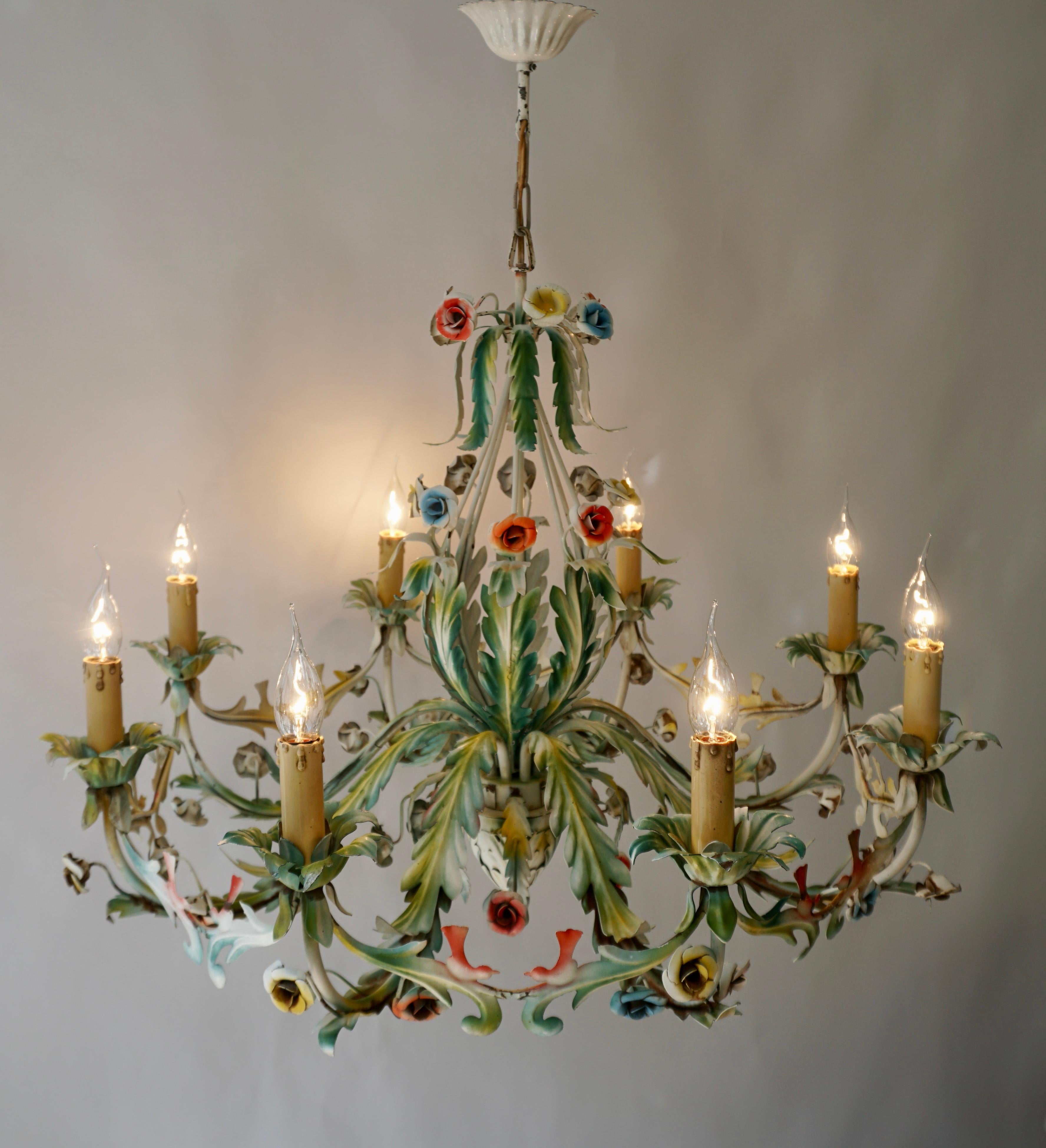 Large Polychrome Painted Metal Chandelier with Flowers and Birds In Good Condition For Sale In Antwerp, BE