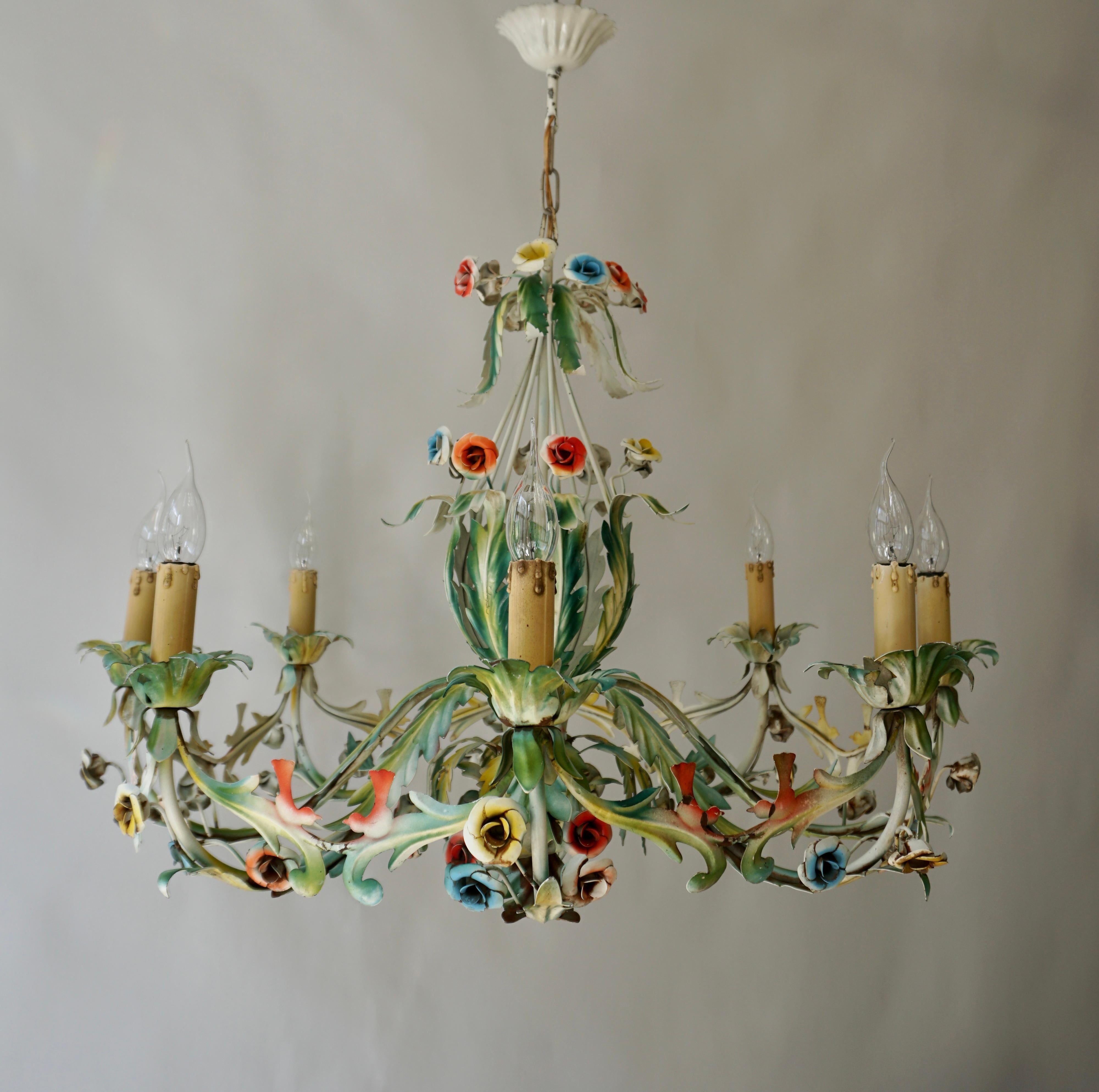 Large Polychrome Painted Metal Chandelier with Flowers and Birds For Sale 1