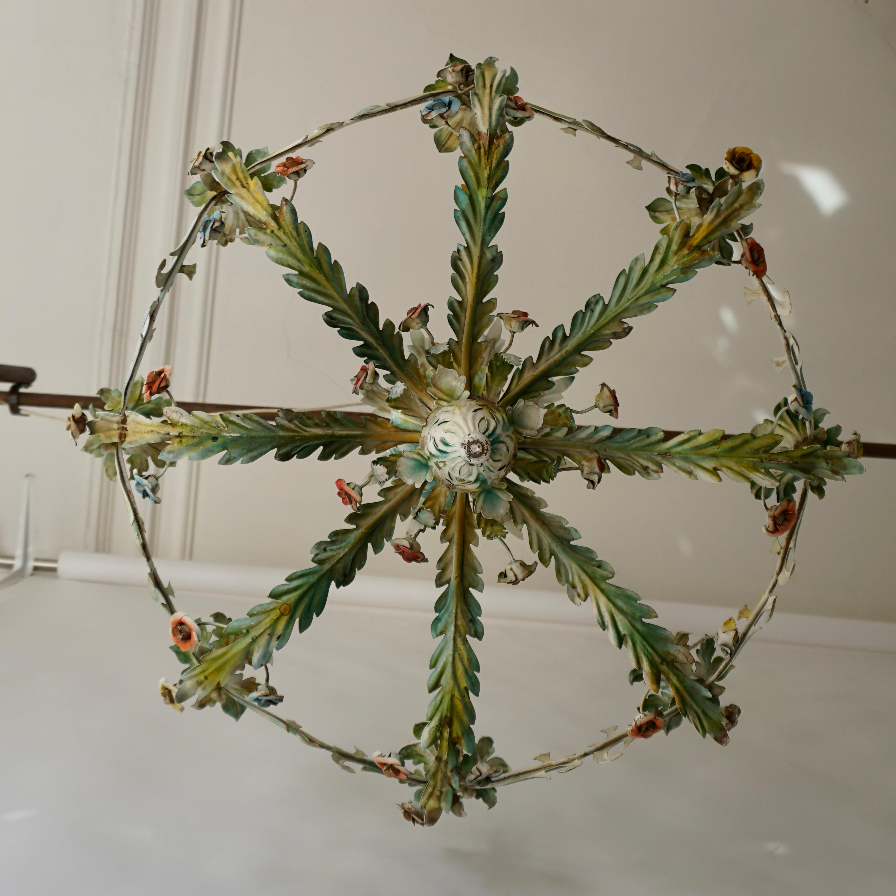 Large Polychrome Painted Metal Chandelier with Flowers and Birds For Sale 2