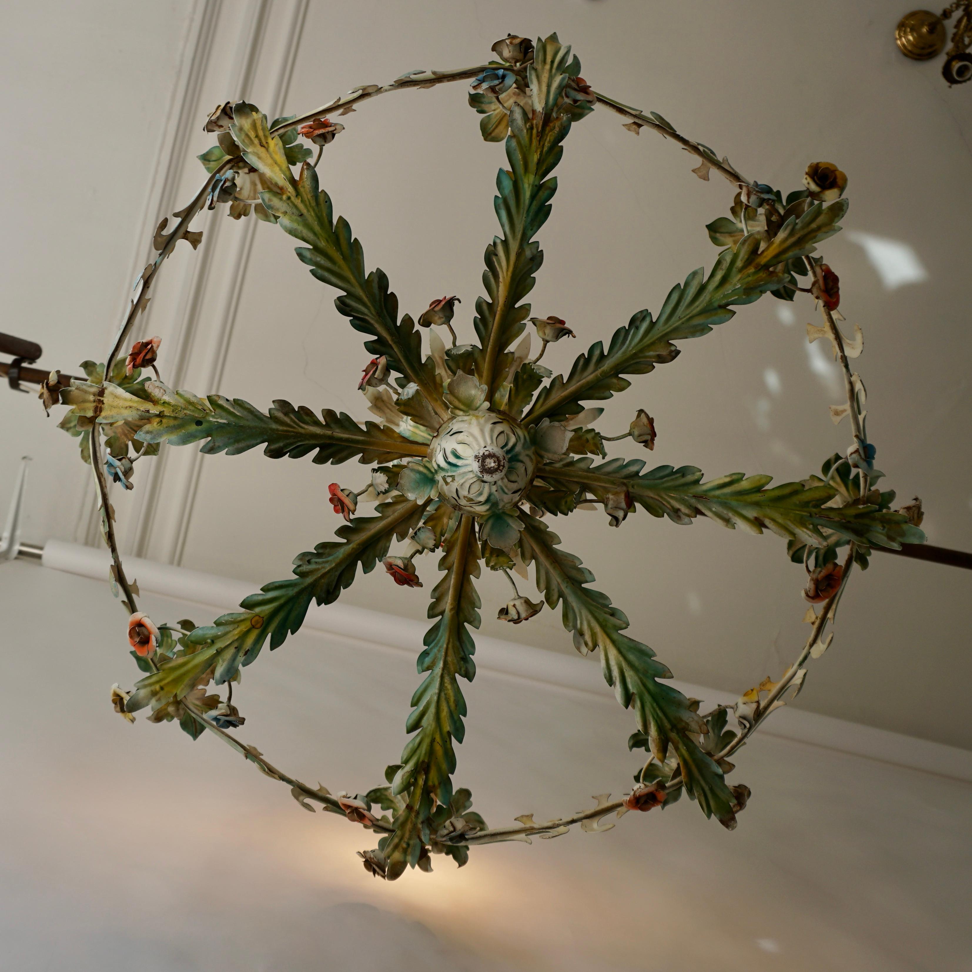 Large Polychrome Painted Metal Chandelier with Flowers and Birds For Sale 3