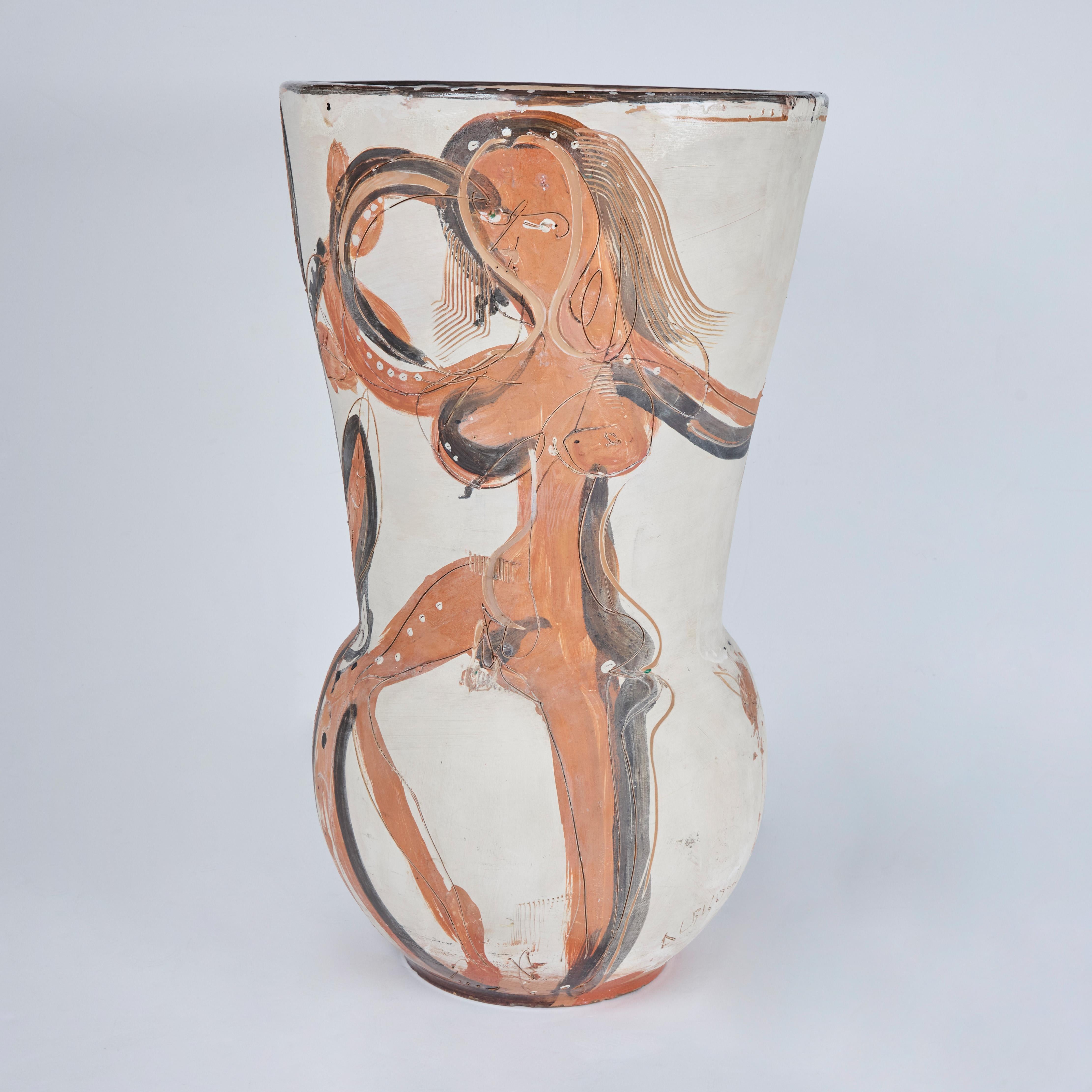 Hand painted, etched and glazed, polychrome pottery vase in 3 mineral colors. Signed Lorenzo Sabatelli with foundry stamp.  Also marked Abisola (City in Italy).