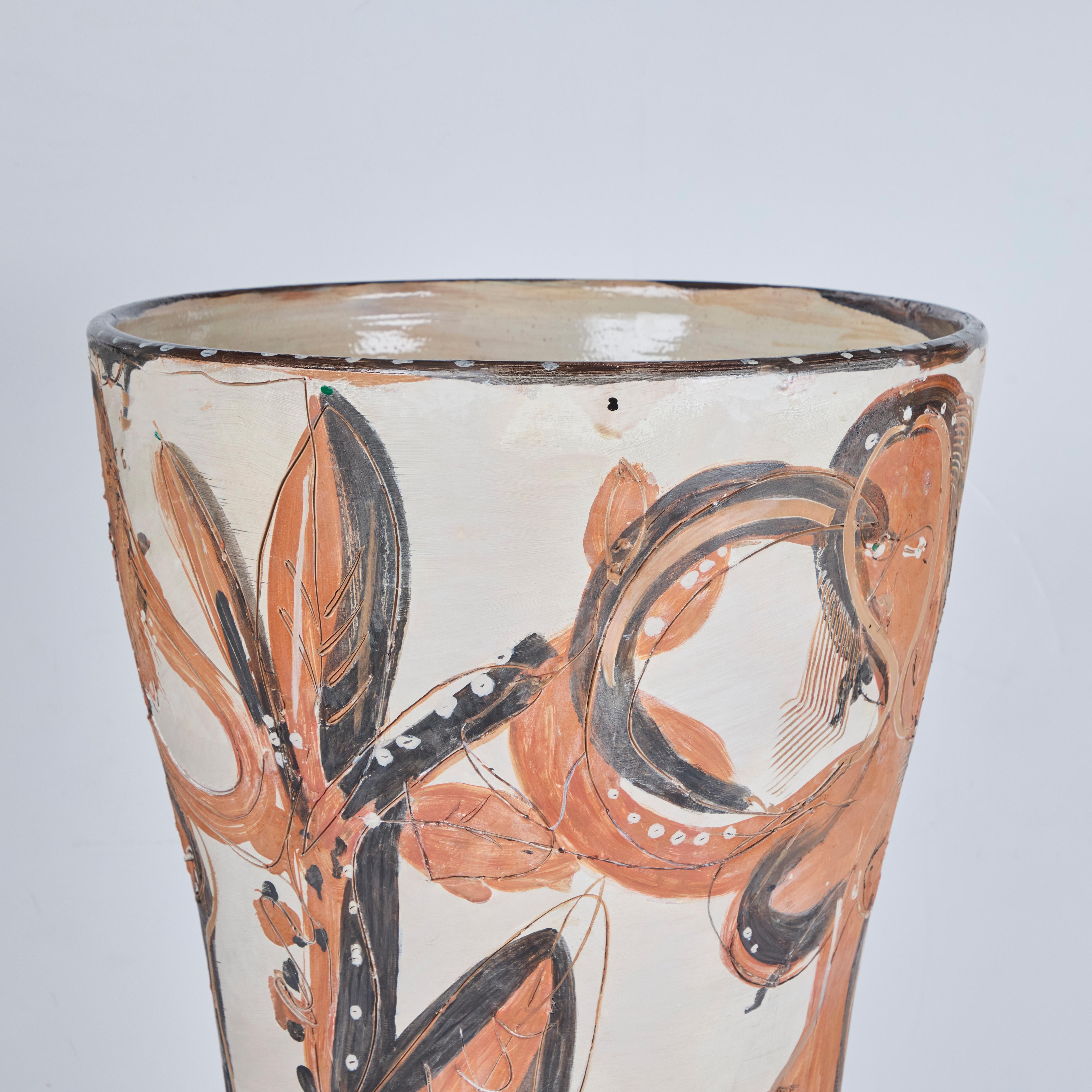 Etched Large Polychrome Pottery Vase For Sale