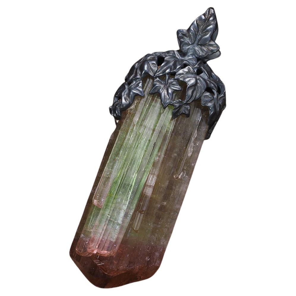Large Tourmaline Crystal Black Silver Pendant Ivy collection For Sale