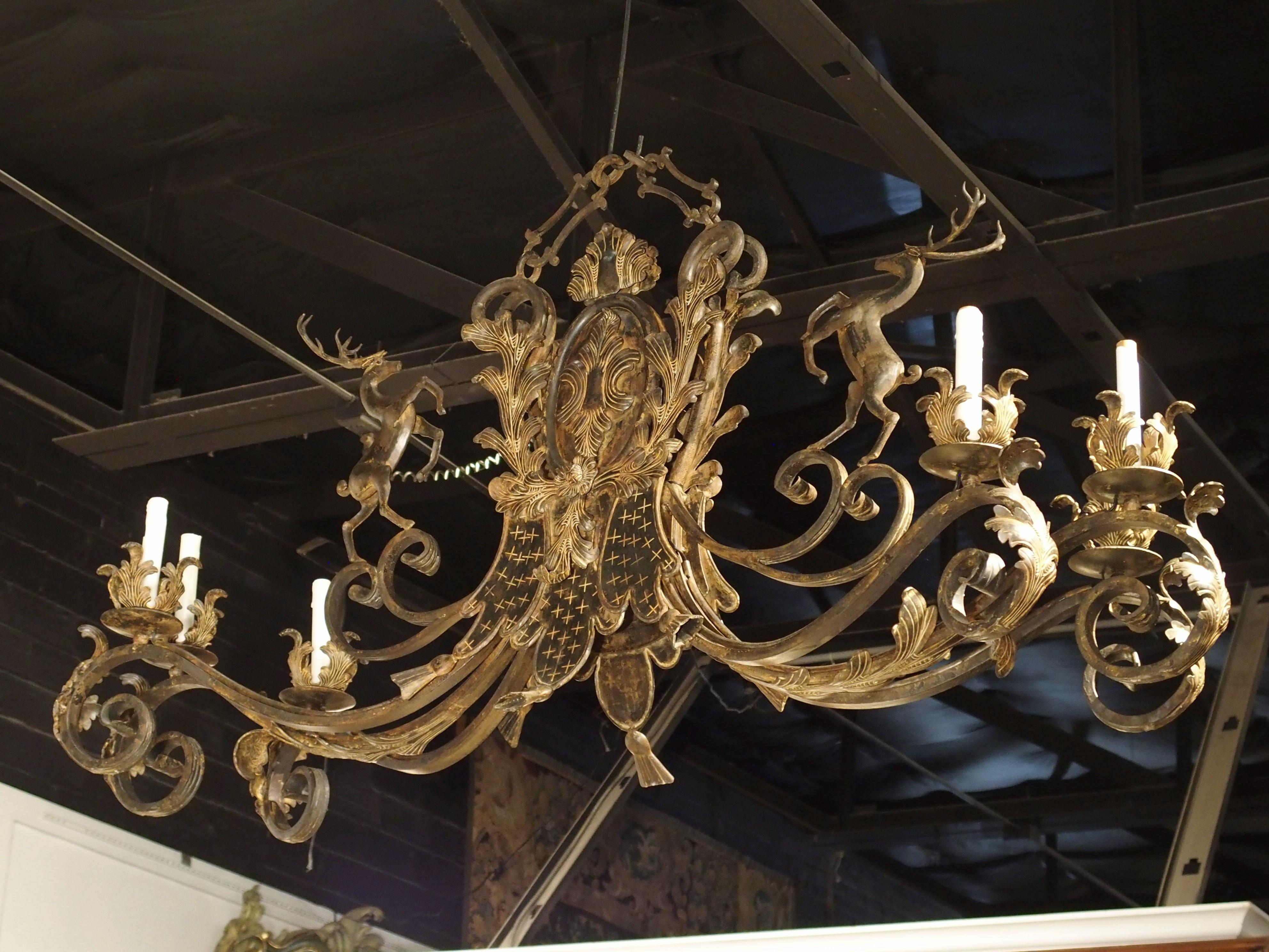 Large Polychrome Wrought Iron Stags Chandelier from France, 1900s 4