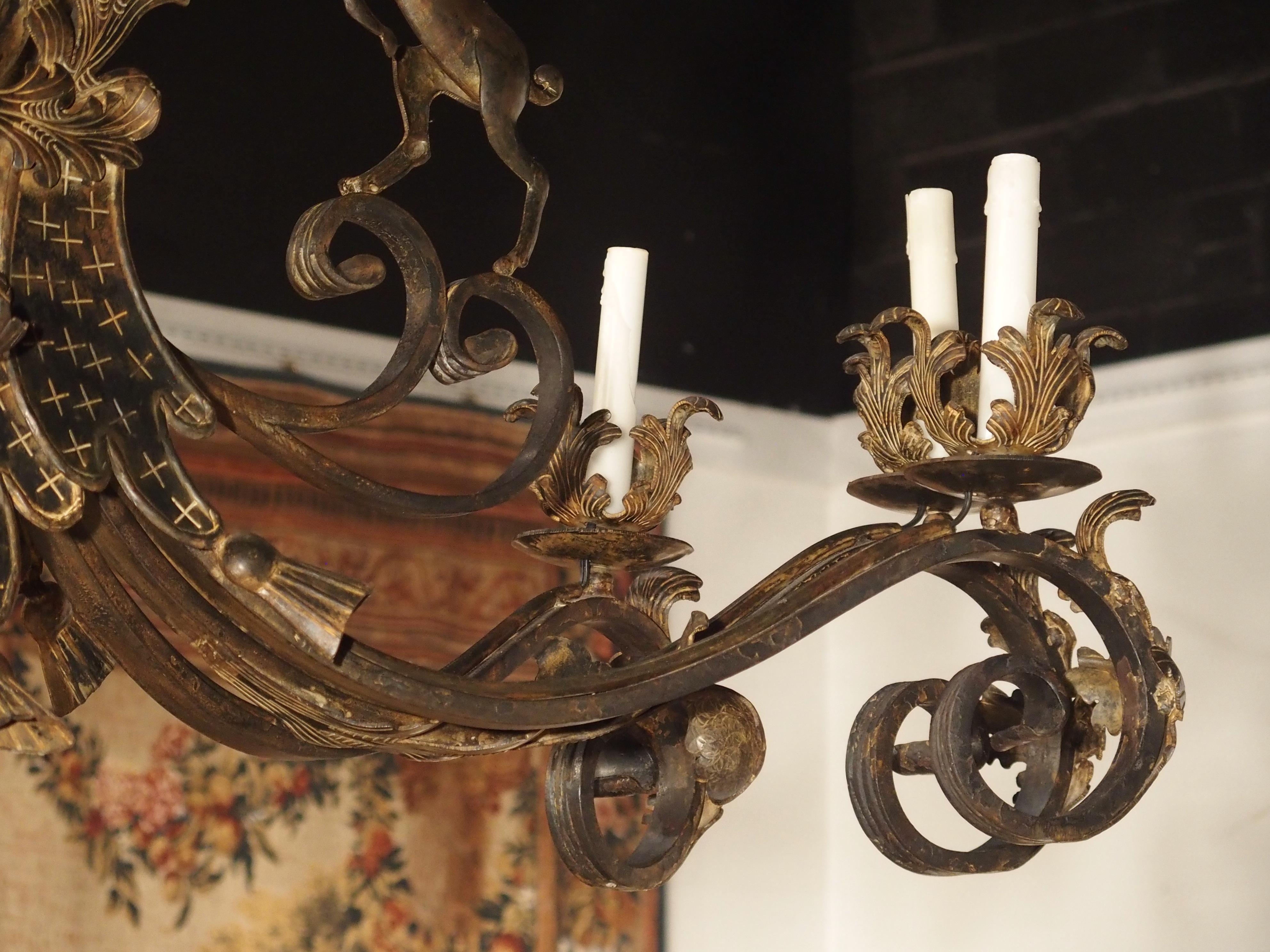 Large Polychrome Wrought Iron Stags Chandelier from France, 1900s 6