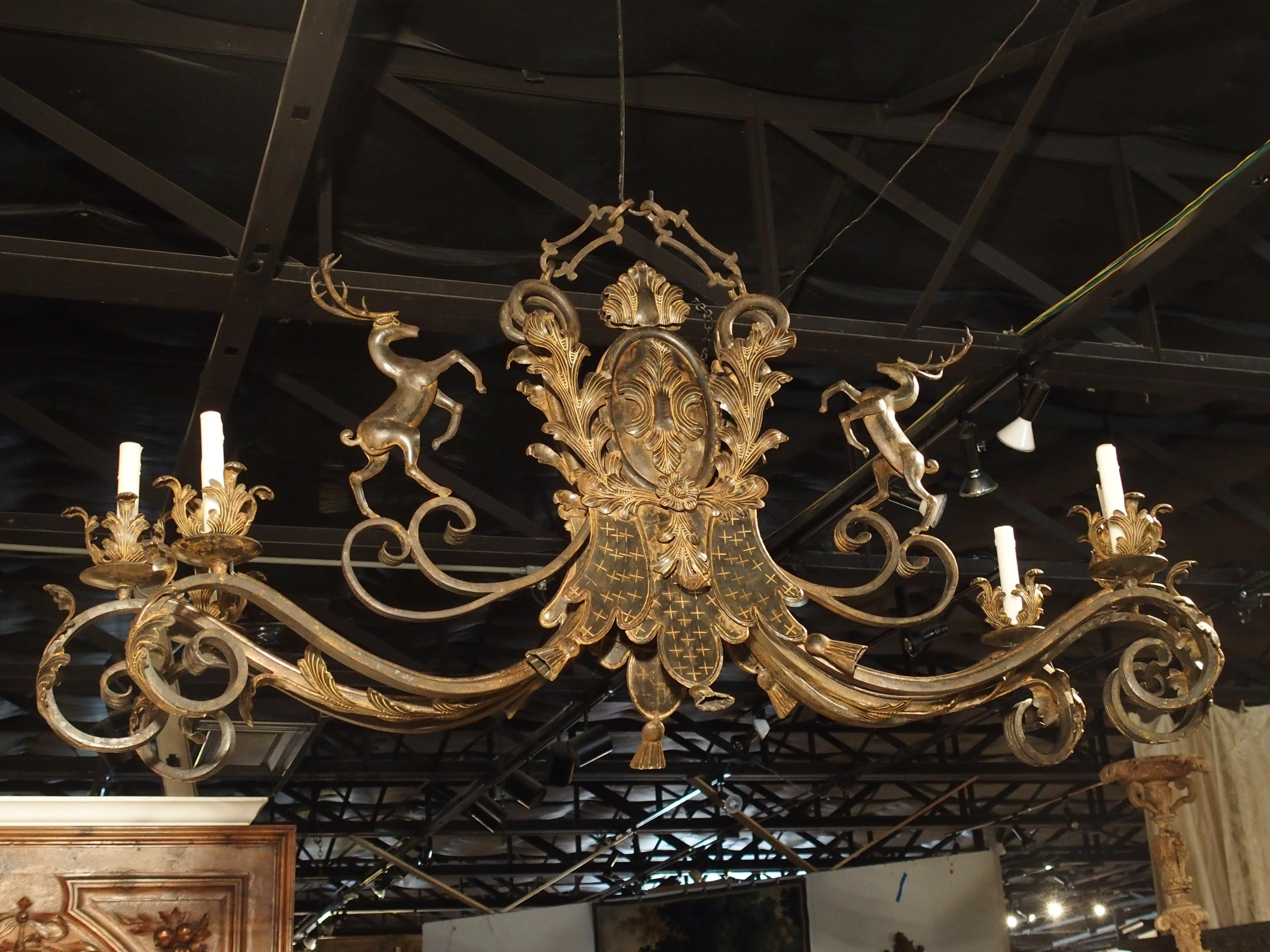 Large Polychrome Wrought Iron Stags Chandelier from France, 1900s 8
